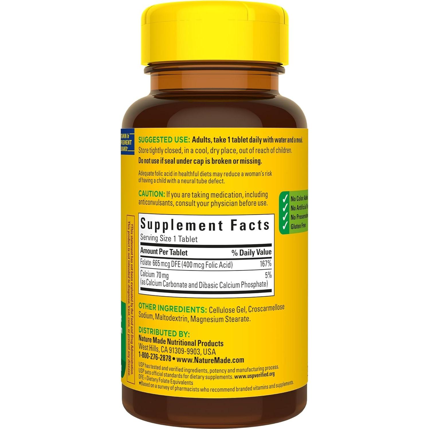 Nature Made Ácido Fólico 400 mcg - 250 Tabletas Suplemento