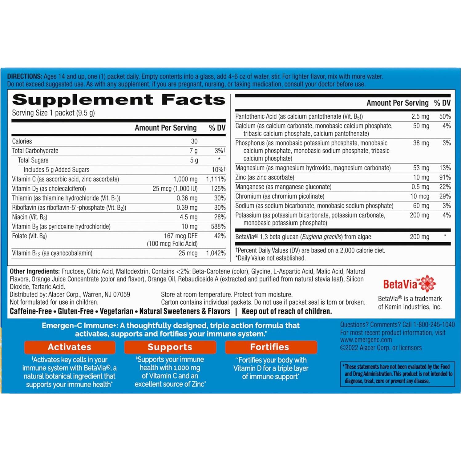 Emergen-C Inmunidad+ Acción Triple Soporte Inmunológico Naranja - 30 Paquetes