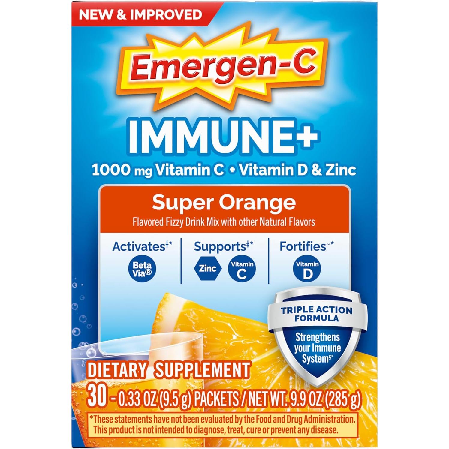Emergen-C Inmunidad+ Acción Triple Soporte Inmunológico Naranja - 30 Paquetes