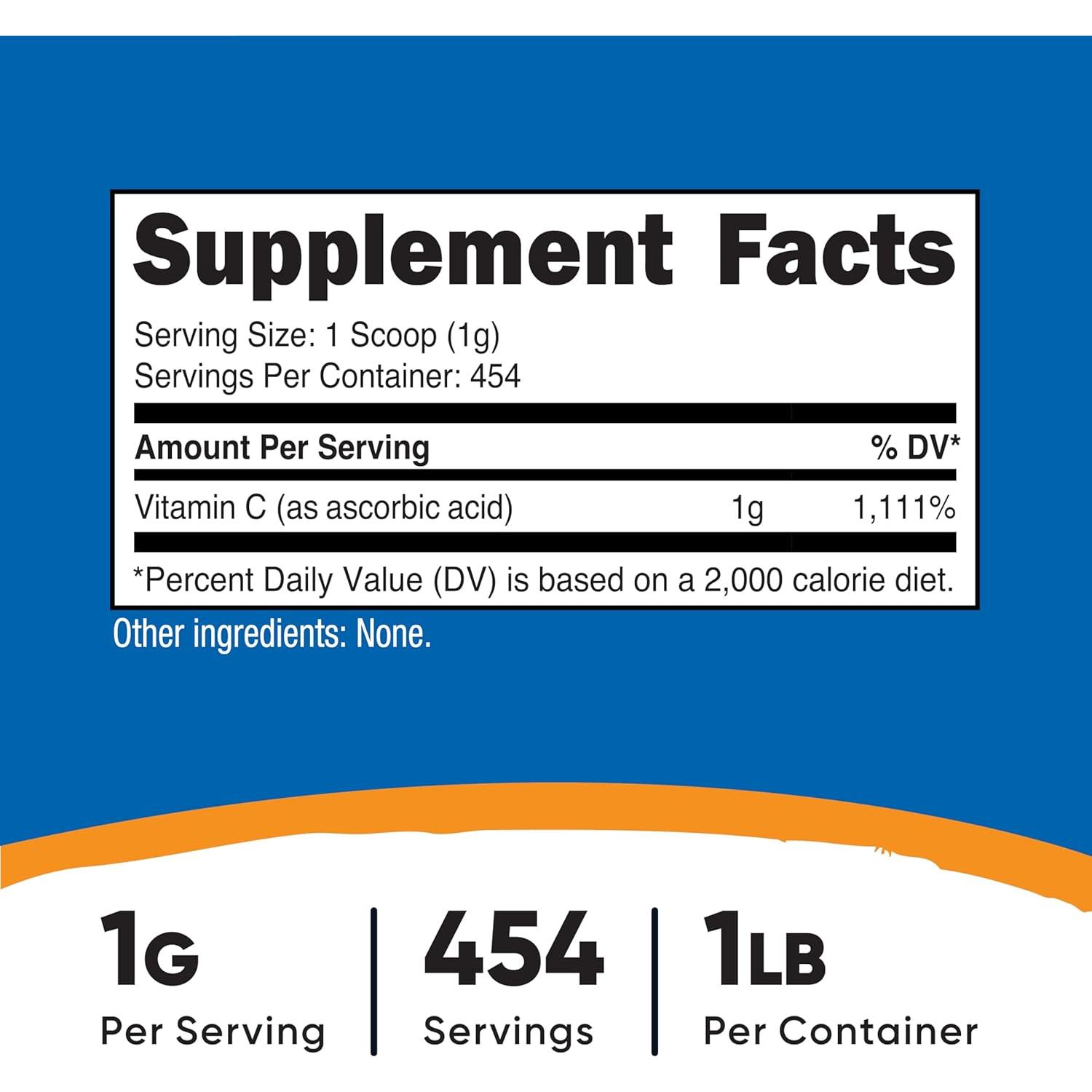Polvo de Ácido Ascórbico Puro Nutricost 1LB Vitamina C