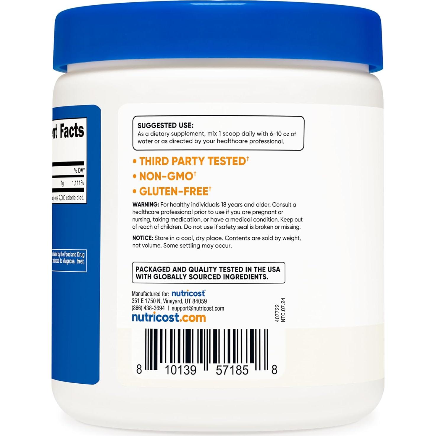 Polvo de Ácido Ascórbico Puro Nutricost 1LB Vitamina C