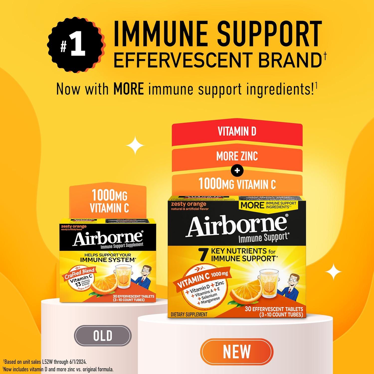 Airborne 1000mg Vitamina C con D y Zinc, 30 Tabletas Efervescentes