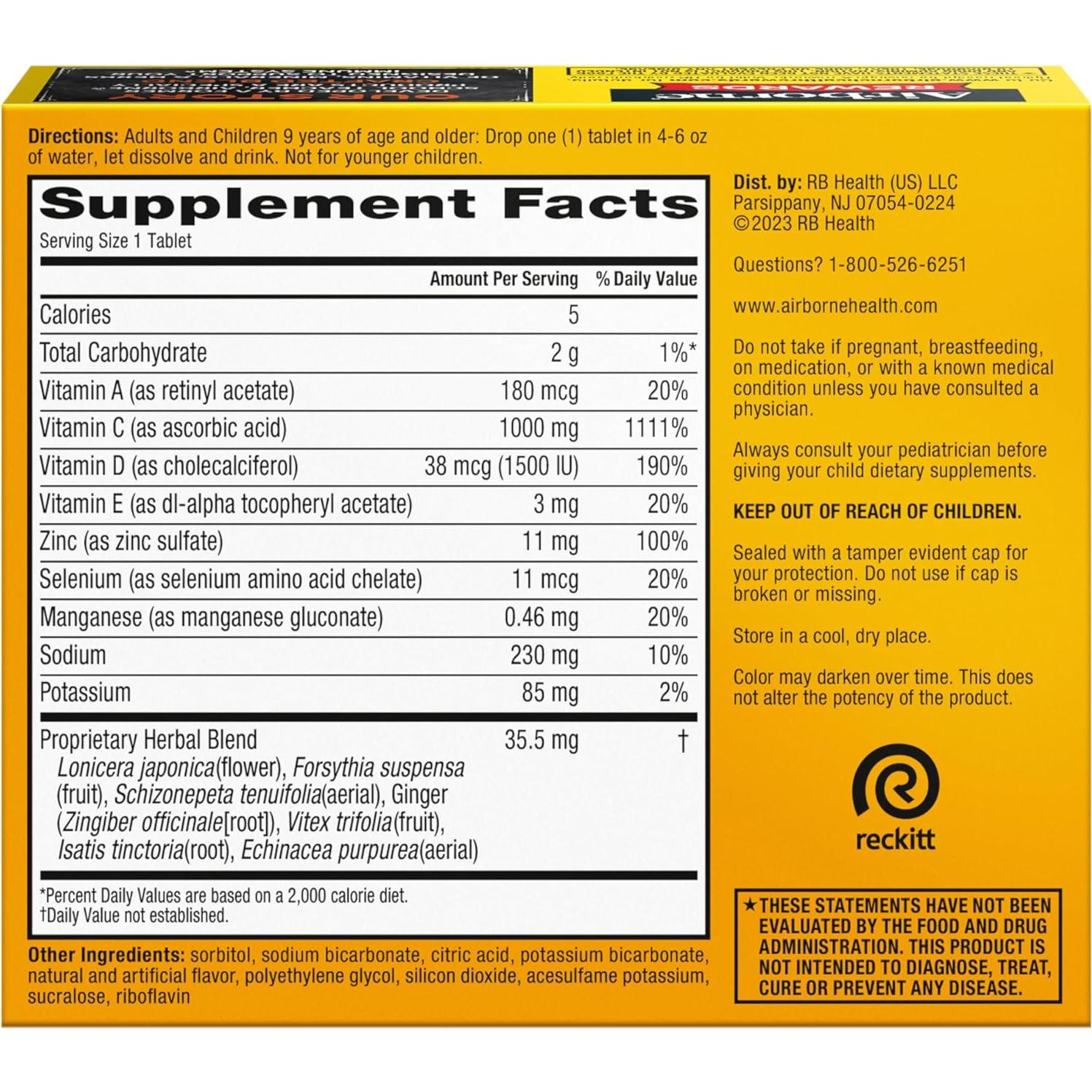 Airborne 1000mg Vitamina C con D y Zinc, 30 Tabletas Efervescentes