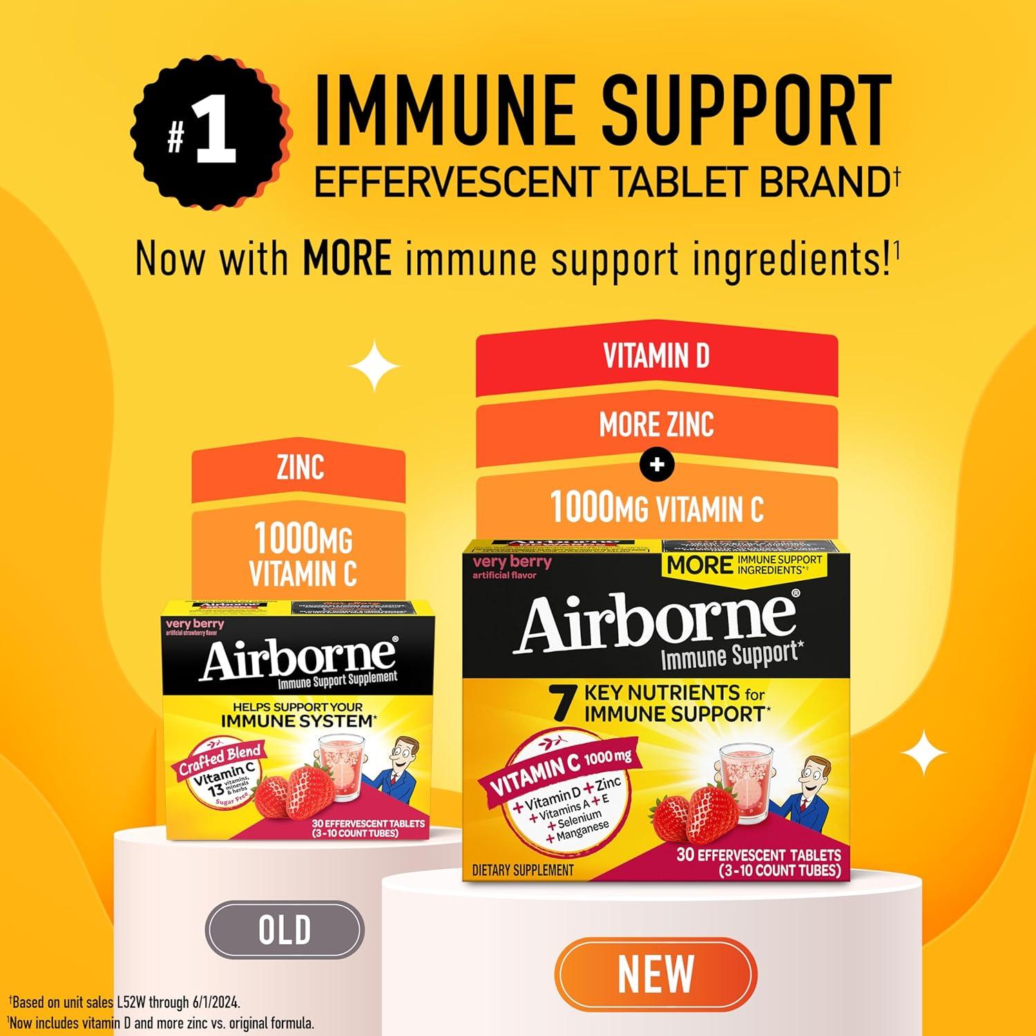Airborne 1000mg Vitamina C + D + Zinc, 30 Tabletas Efervescentes
