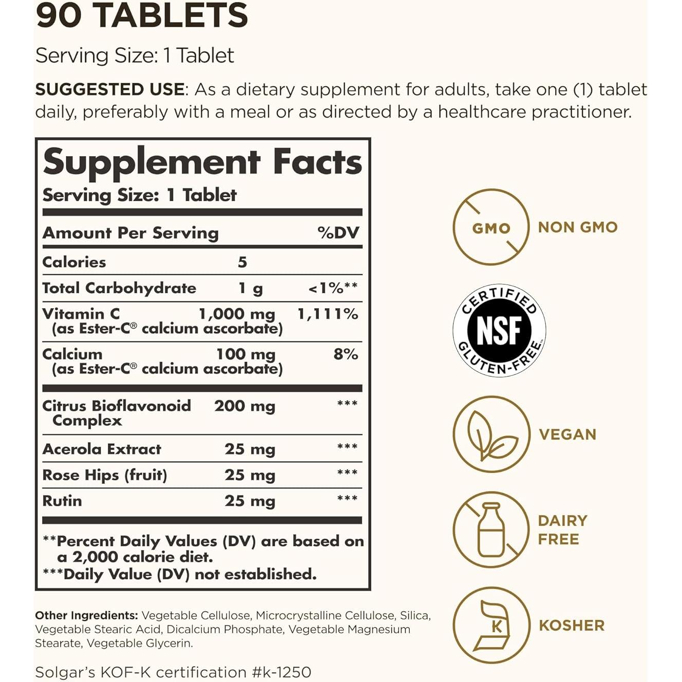 Solgar Ester-C Plus 1000 mg Vitamina C 90 Tabletas Veganas