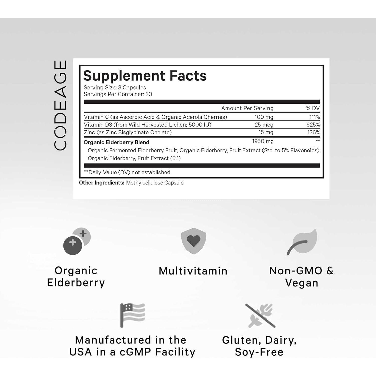 Vitaminas de Saúco Codeage - 90 Cápsulas Orgánicas con Vitamina C y D3