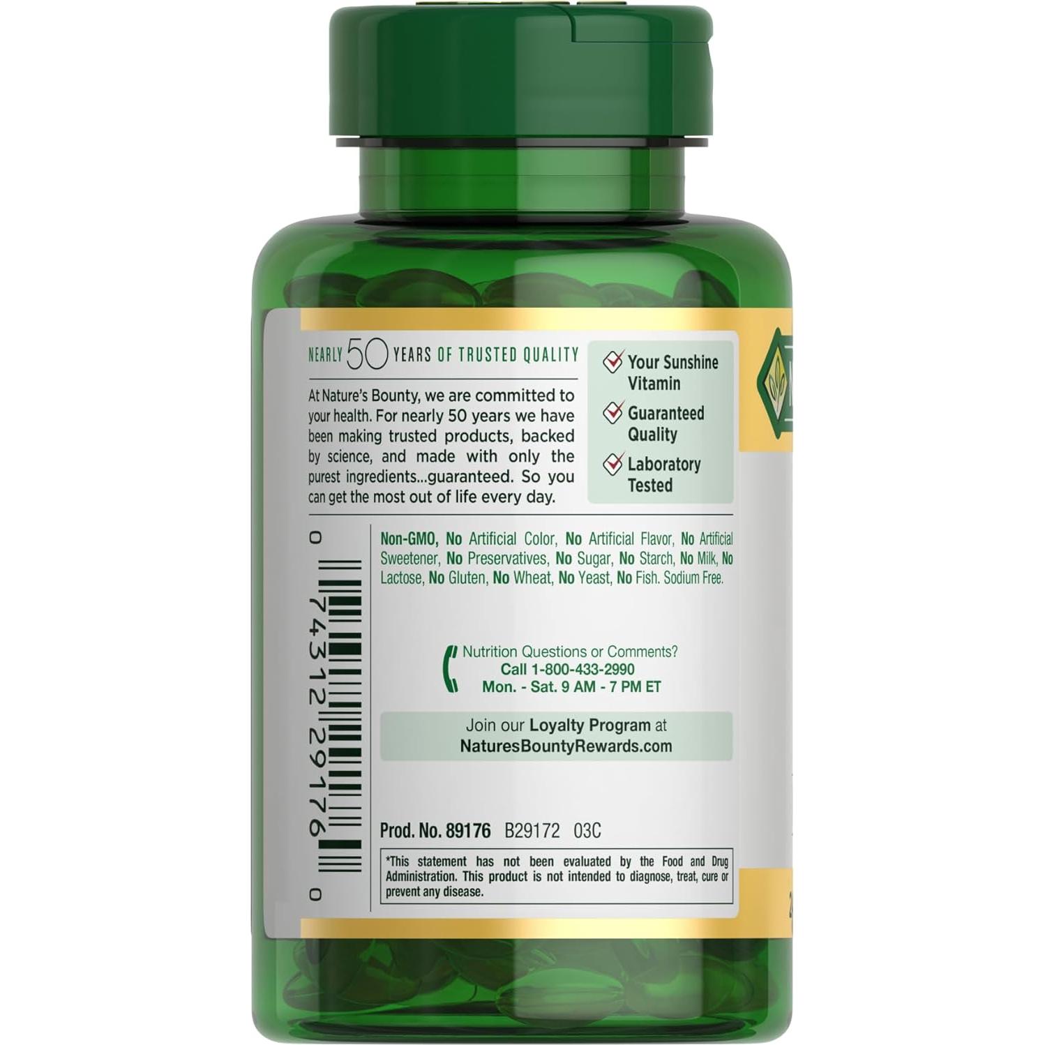 Suplemento de Vitamina D3 5000 UI Nature's Bounty 240 Softgels
