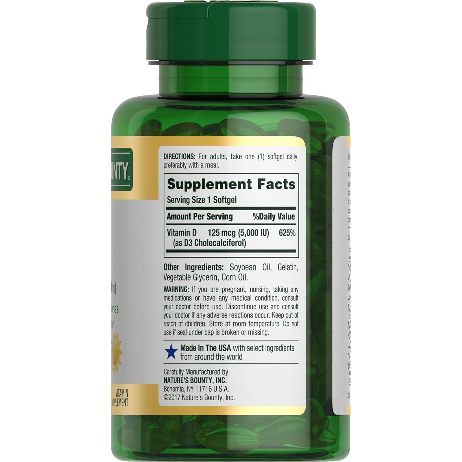 Suplemento de Vitamina D3 5000 UI Nature's Bounty 240 Softgels