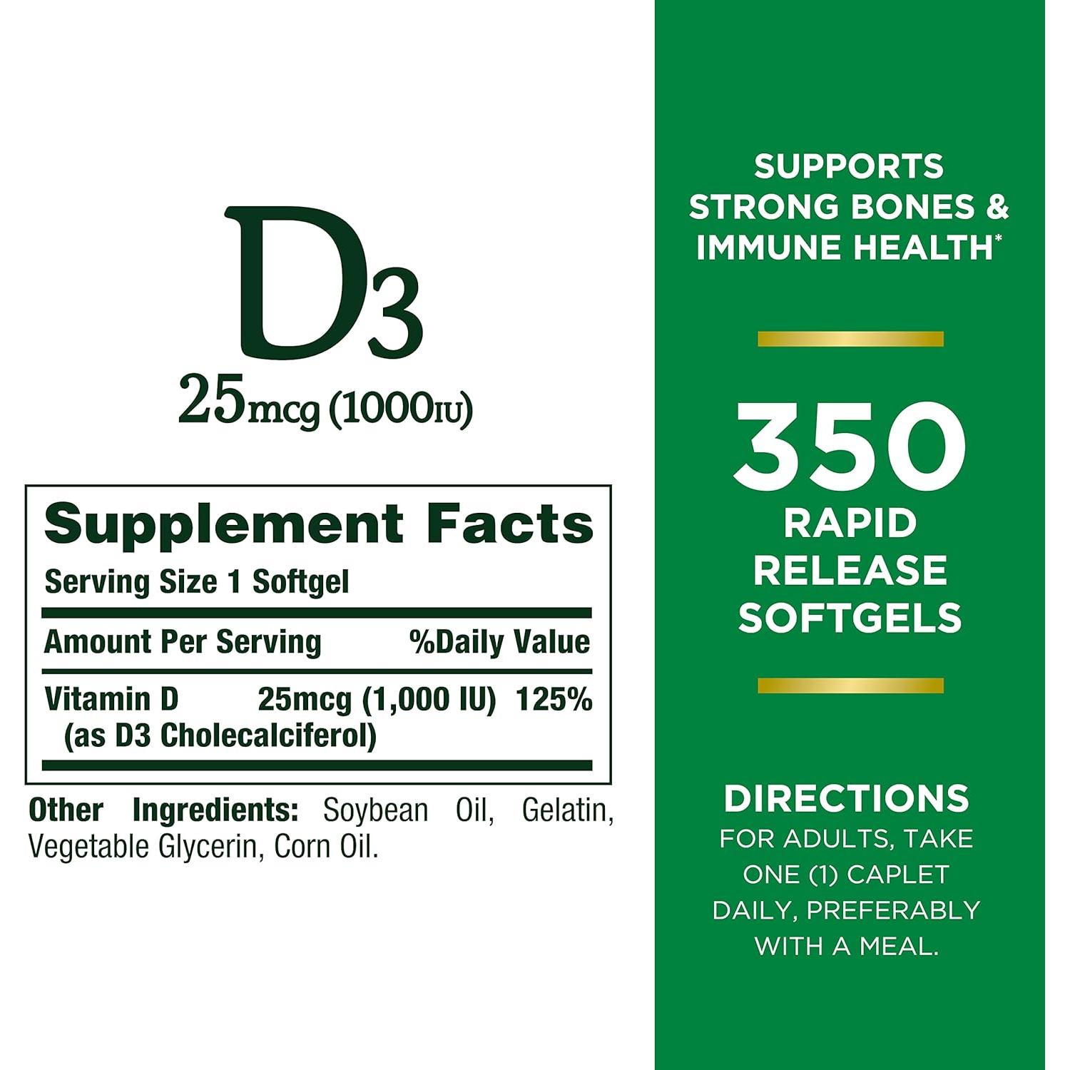 Suplemento Vitamina D3 1000 UI Nature's Bounty 350 Cápsulas