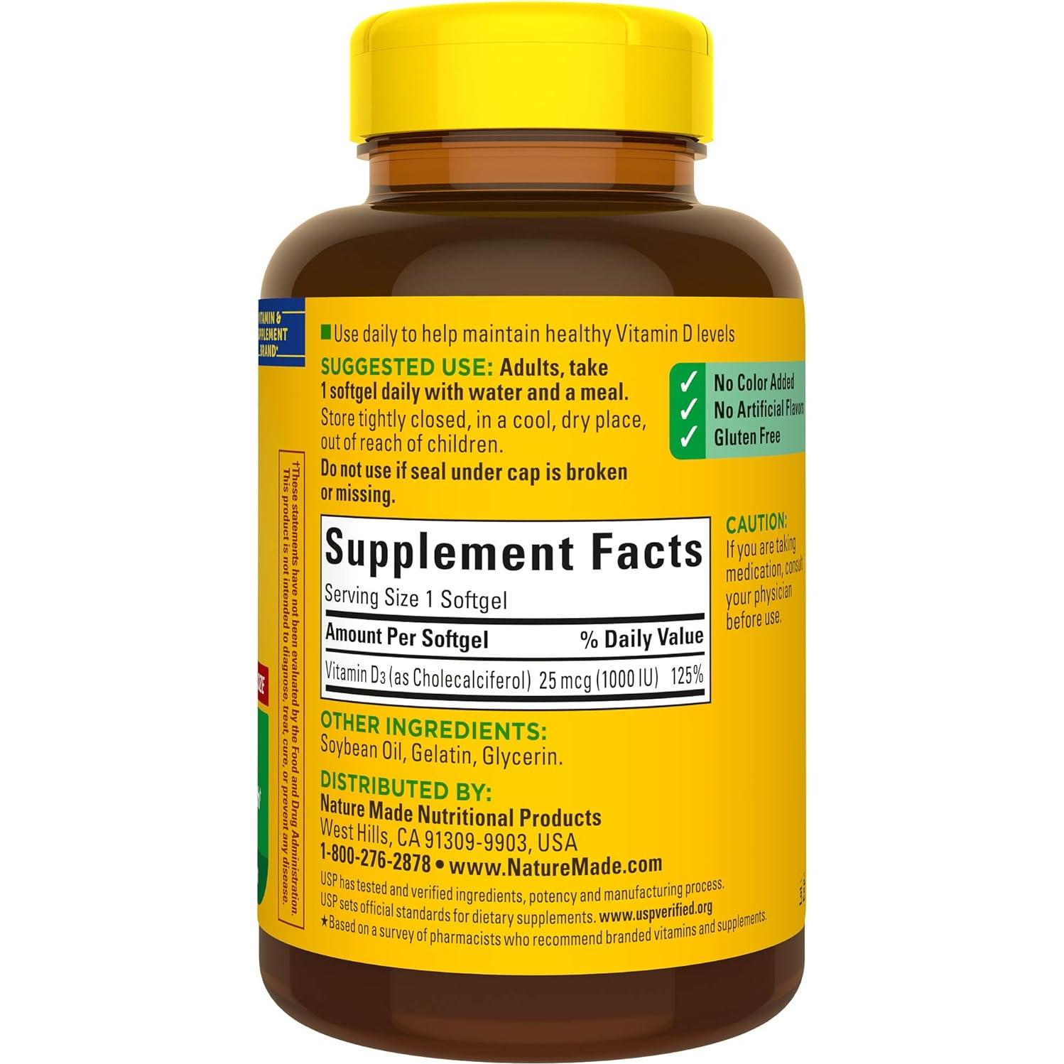 Nature Made Vitamina D3 1000 IU 300 Gelatinas Blandas 25 mcg