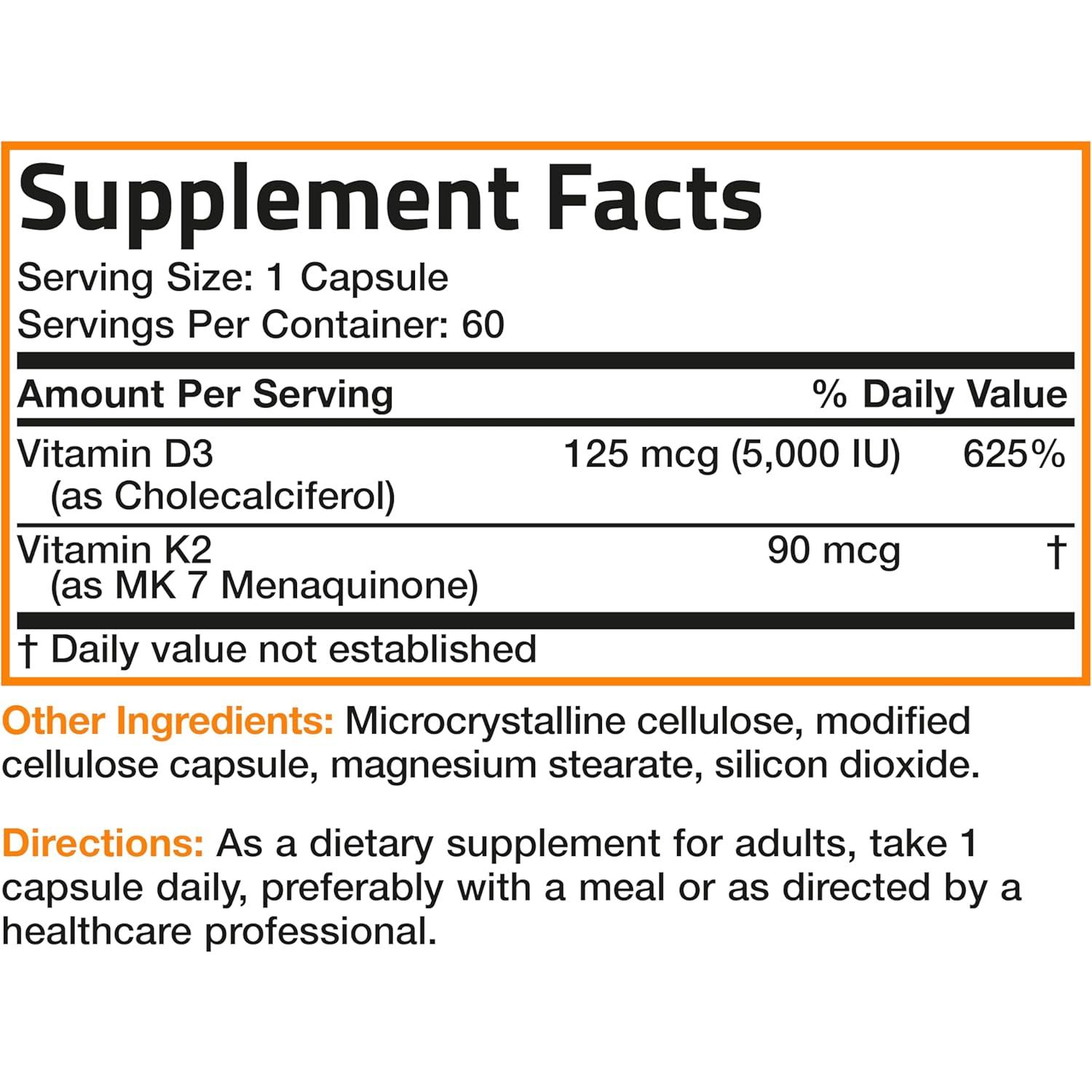Suplemento Vitamina K2 D3 Bronson 60 Cápsulas 5000UI