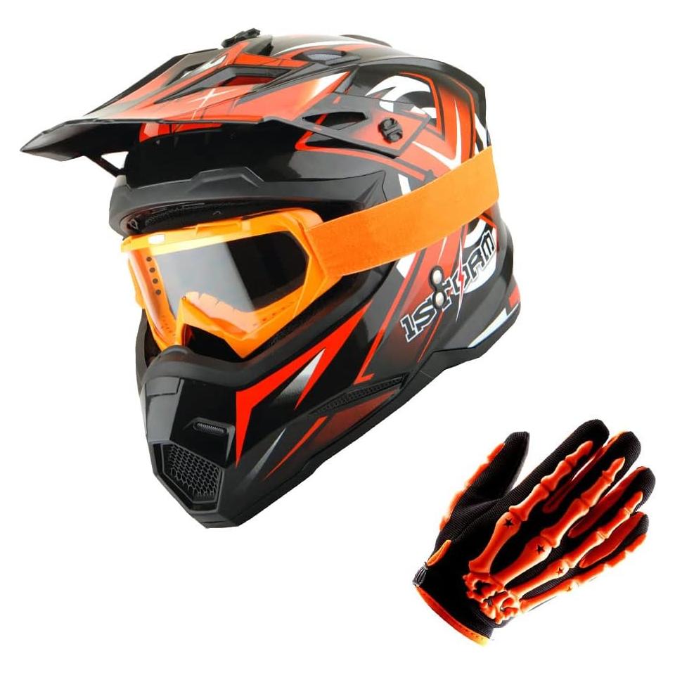 Casco de Motocross Power Gear XL Naranja + Gafas + Guantes
