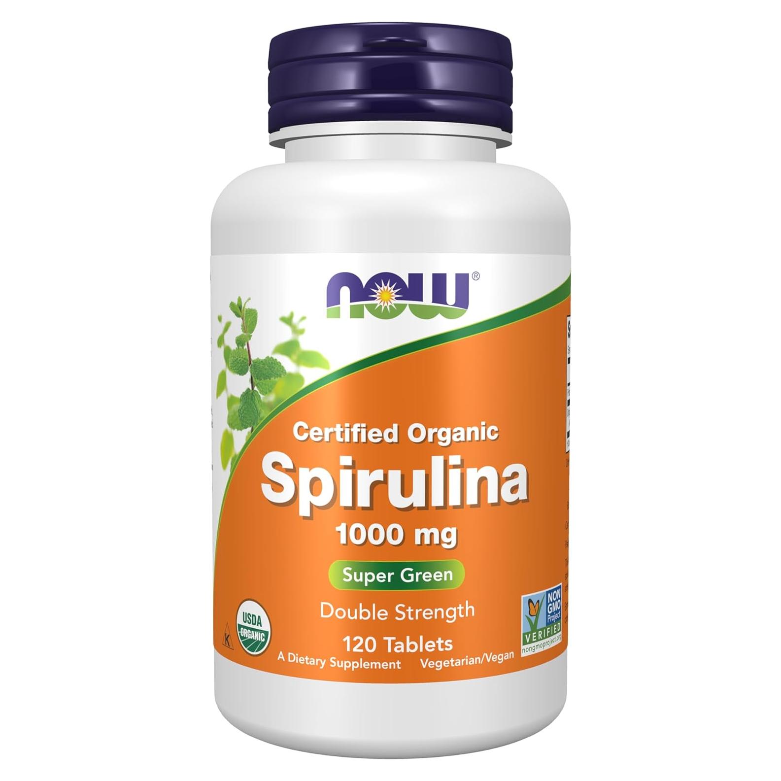 Suplemento de Espirulina Orgánica NOW 1000 mg - 120 Tabletas