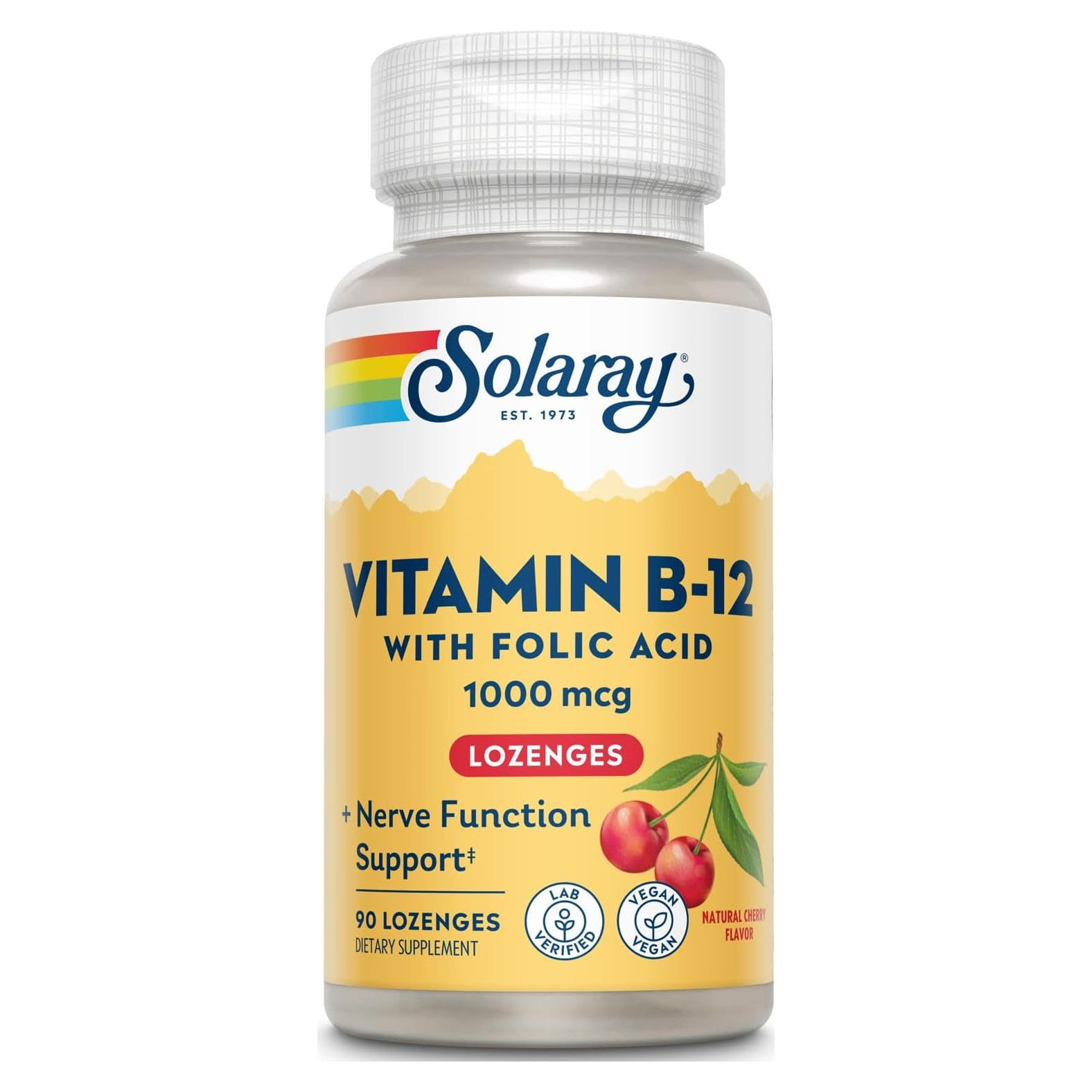 Vitamina B-12 1000mcg Solaray con Ácido Fólico 90 Pastillas