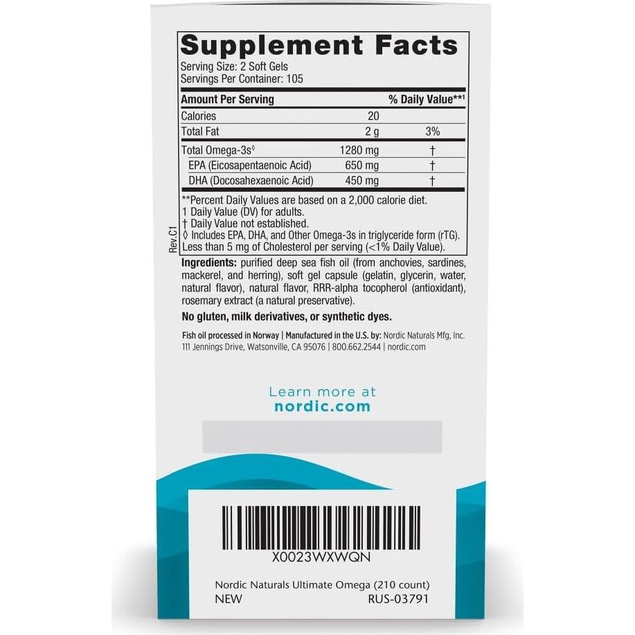 Omega Ultimate Nordic Naturals 210 Geles Blandos Limón 1280 mg Omega-3