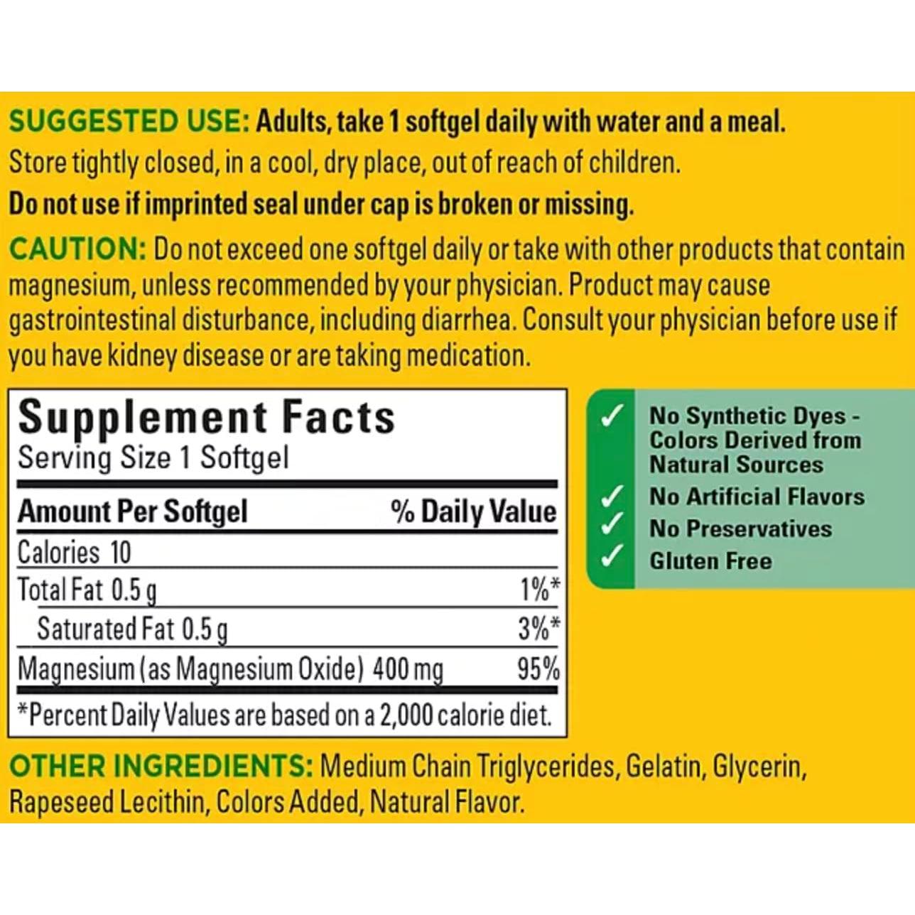 Suplemento de Magnesio Nature Made 400 mg - 150 Gelatinas Blandas