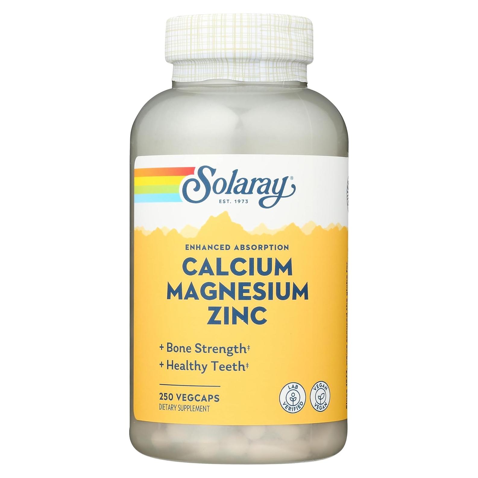 Cápsulas de Calcio, Magnesio y Zinc Solaray - 250 Unidades