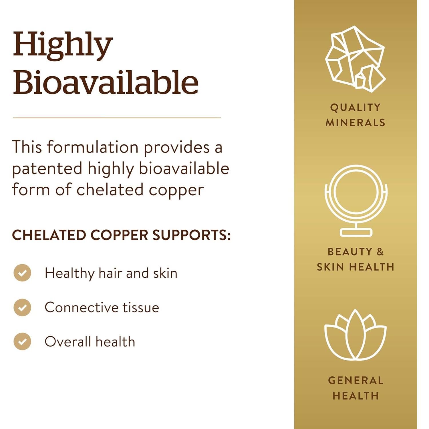 Solgar Cobre Quelado 100 Tabletas - Apoya Colágeno y Tejidos