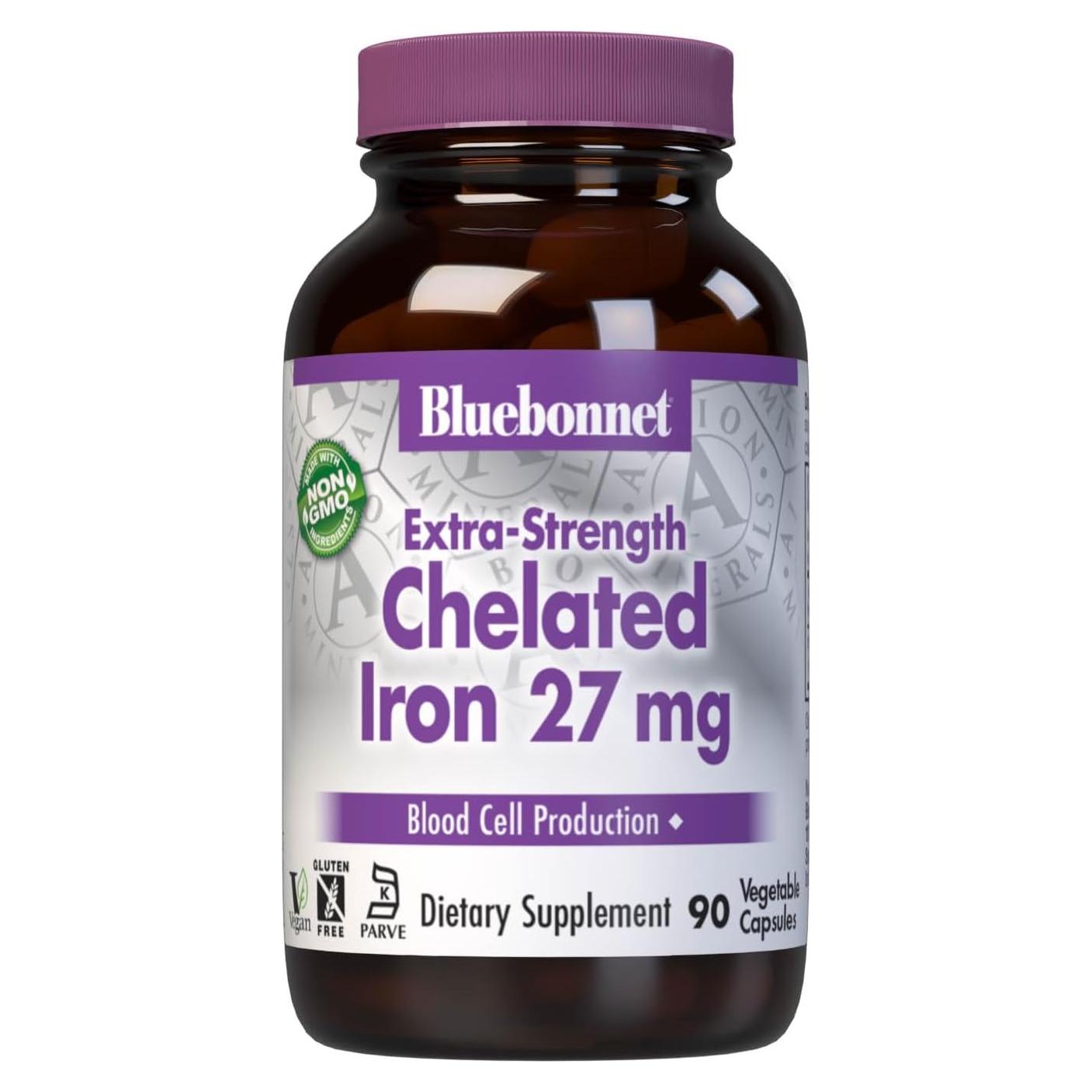 Suplemento de Hierro Quelado Bluebonnet 27 mg Vegano 90 Cápsulas