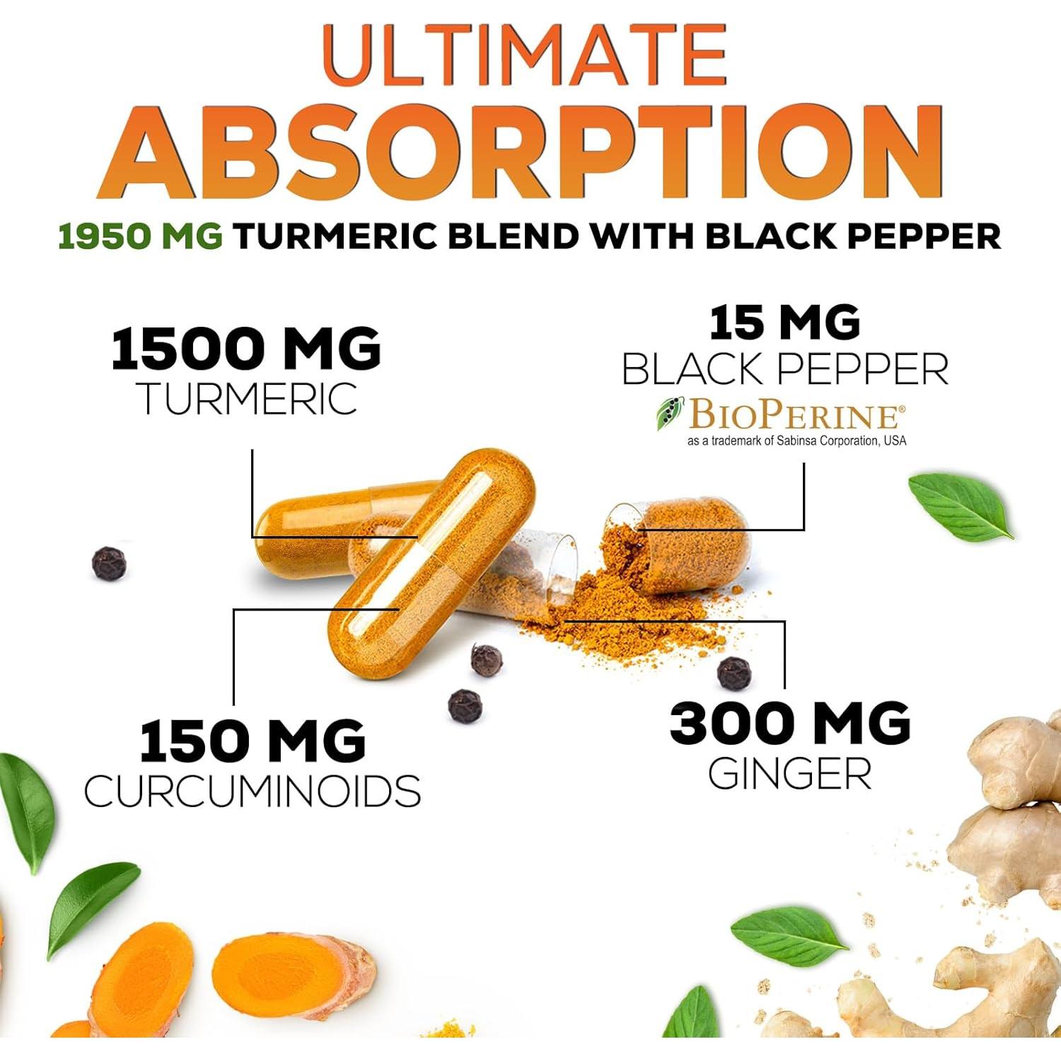 Suplemento de Cúrcuma Curcumina 1950mg con Jengibre y BioPerine - 120 Cápsulas