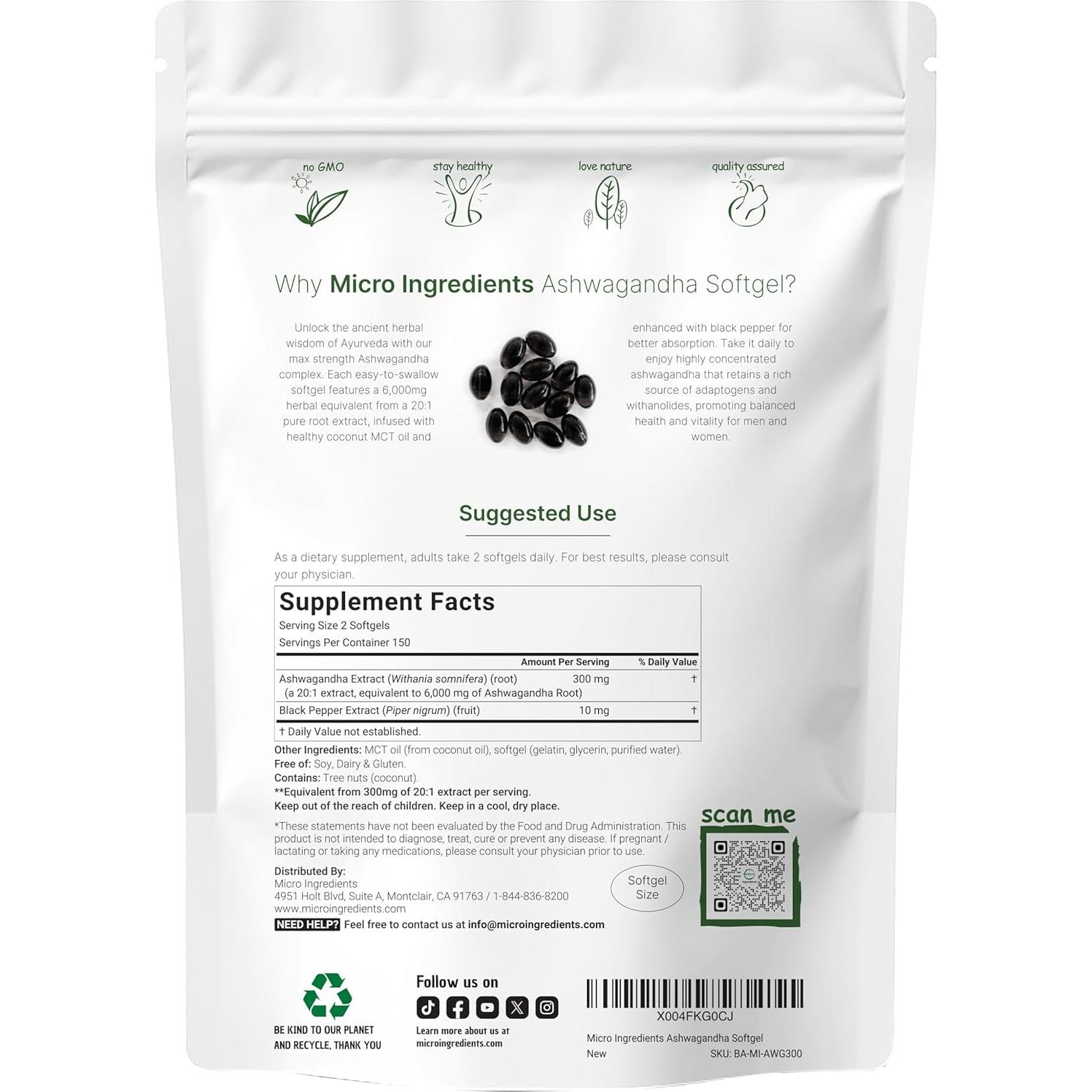 Suplemento de Ashwagandha 6000mg Micro Ingredients 300 Cápsulas
