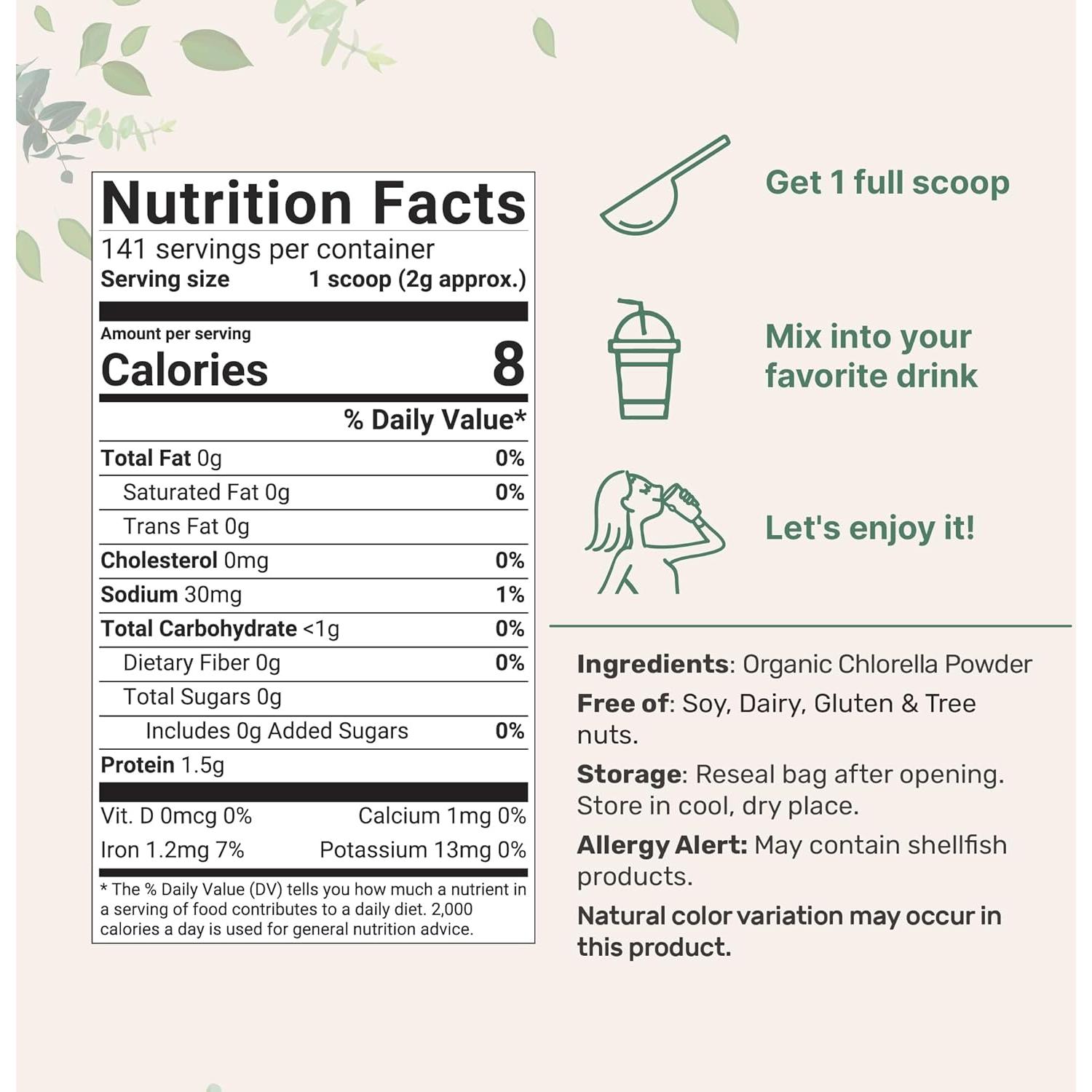 Polvo de Chlorella Orgánica Micro Ingredients 283.5g Crudo Vegano