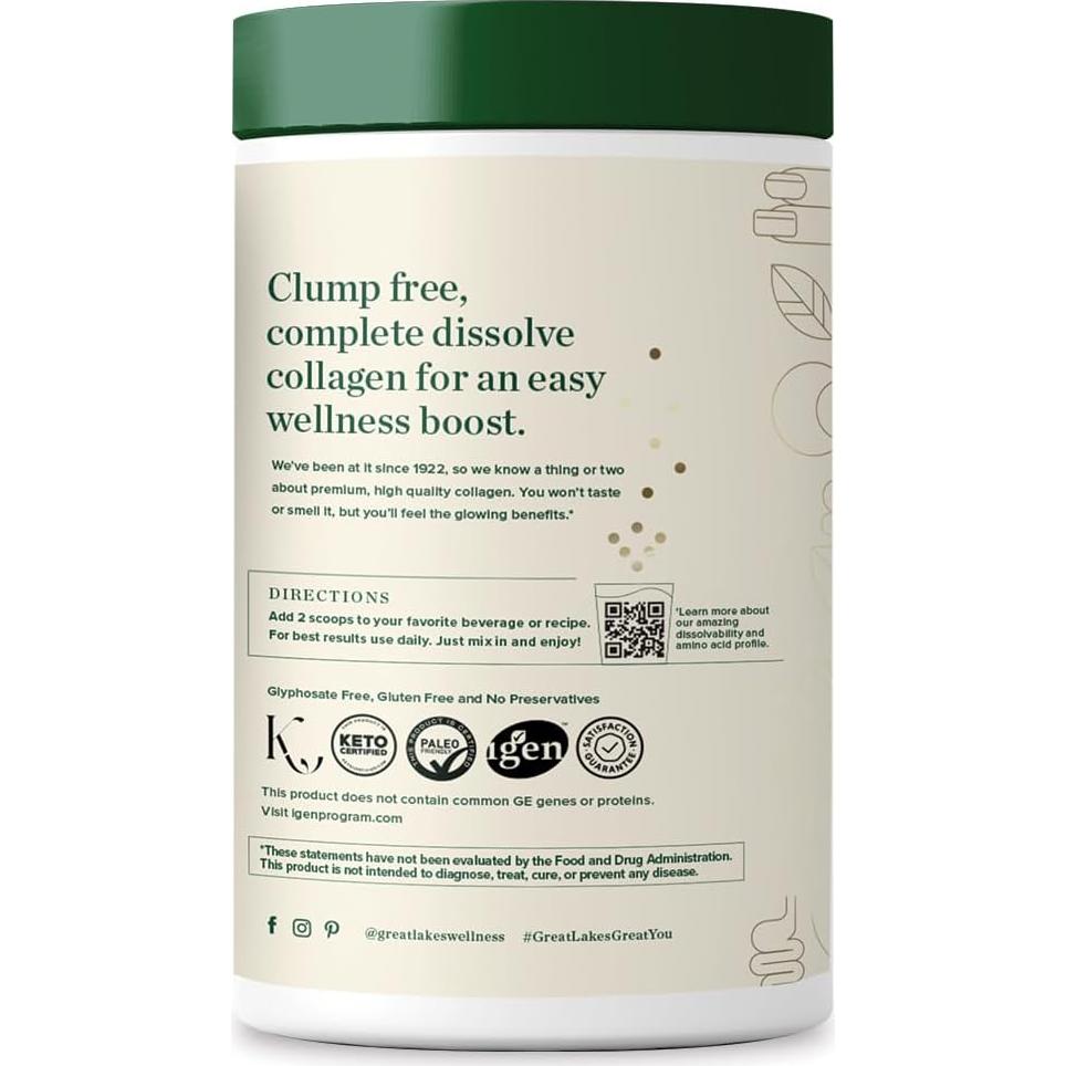 Polvo de Péptidos de Colágeno Great Lakes 454g - Hidrolizado Sin Sabor