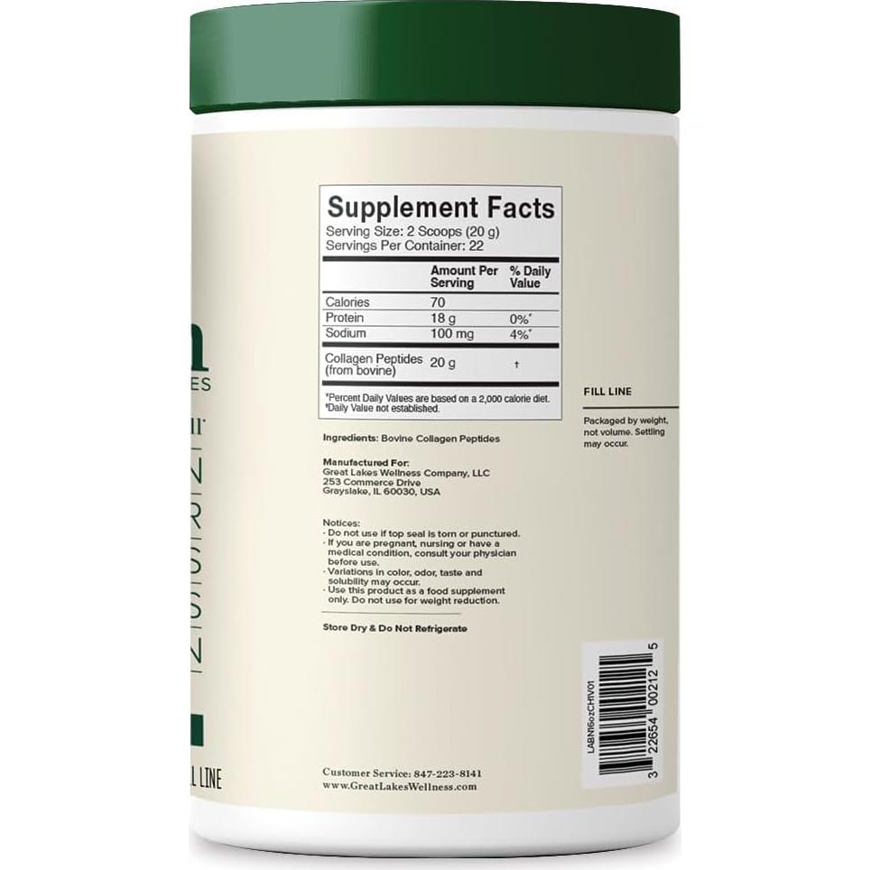 Polvo de Péptidos de Colágeno Great Lakes 454g - Hidrolizado Sin Sabor