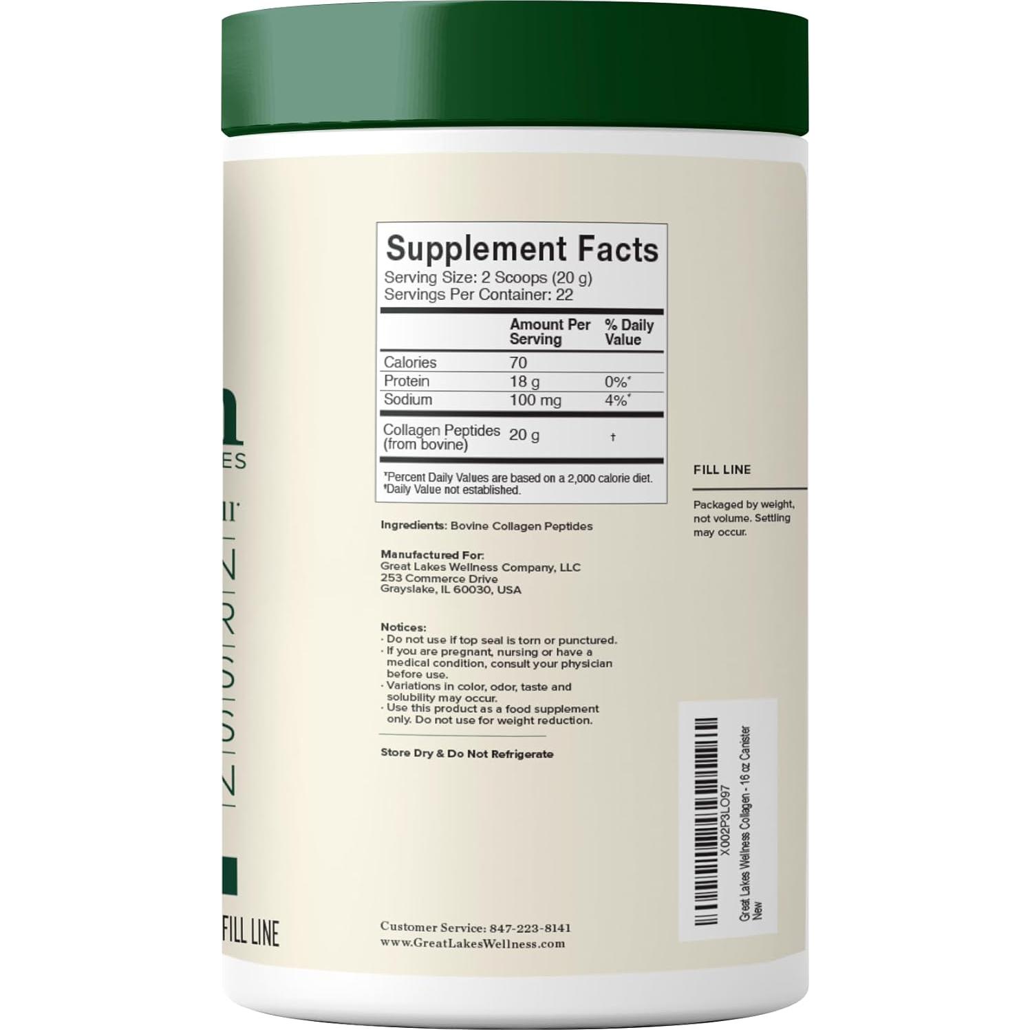 Polvo de Péptidos de Colágeno Great Lakes 454g - Hidrolizado Sin Sabor