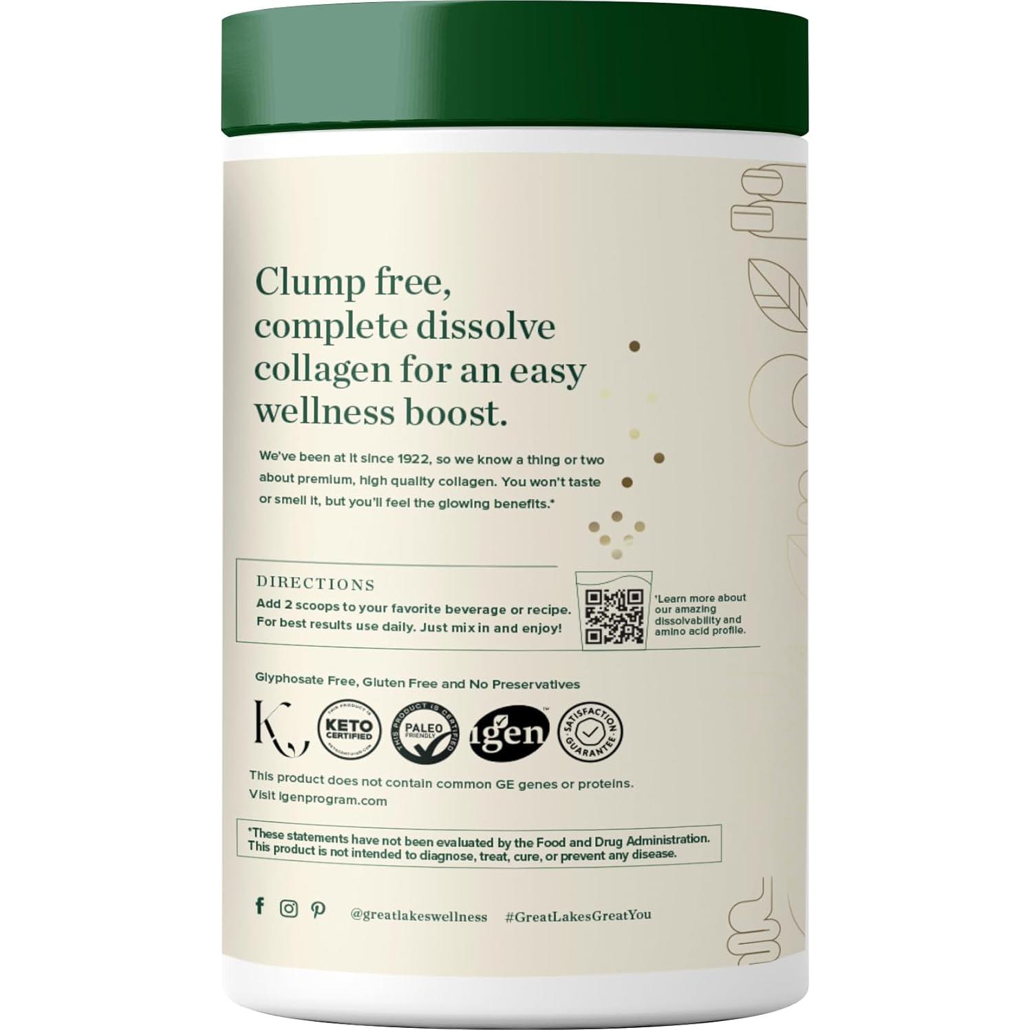 Polvo de Péptidos de Colágeno Great Lakes 454g - Hidrolizado Sin Sabor