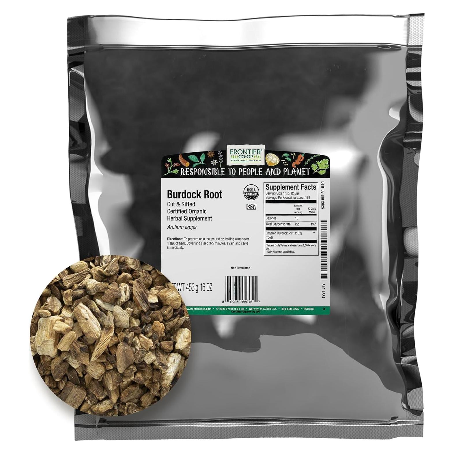 Raíz de Bardana Orgánica Frontier 454g - Sabor Terroso para Té y Sopas