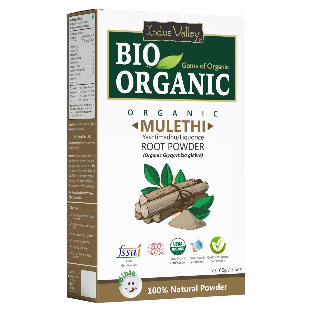 Polvo de Raíz de Regaliz Orgánico Indus Valley 100g - Cuidado Piel y Cabello