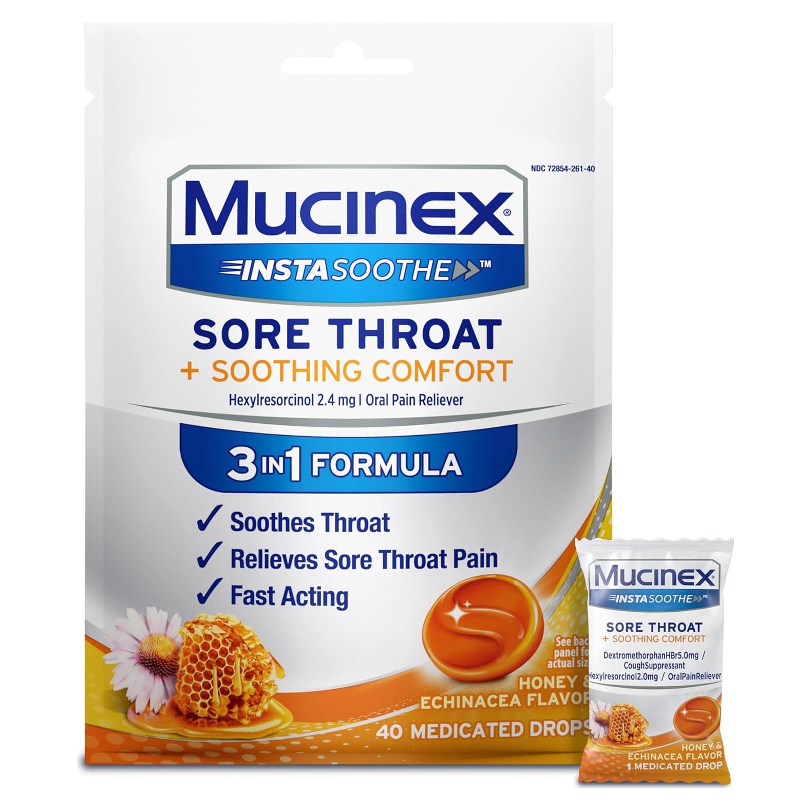 Gotas Mucinex Instasoothe Alivio Garganta Sore Miel 40 ct