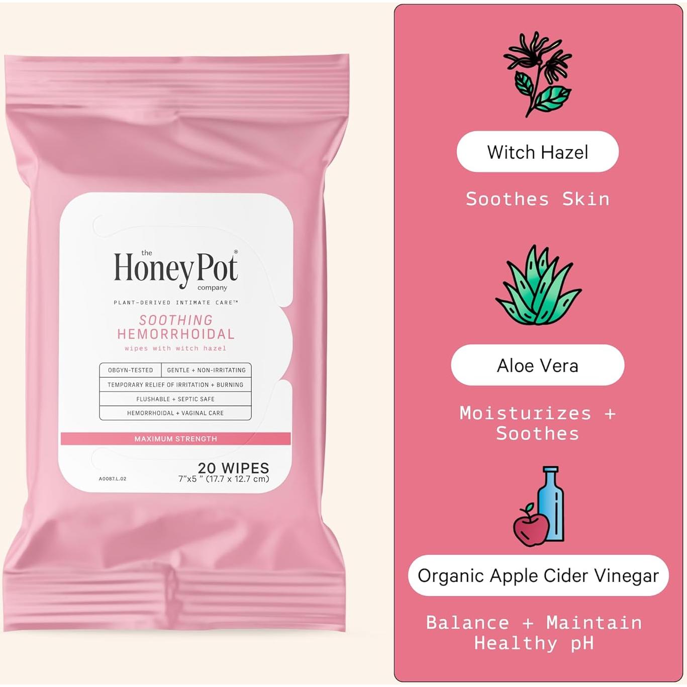 Toallitas Calmantes de Hamamelis The Honey Pot 20 Unidades