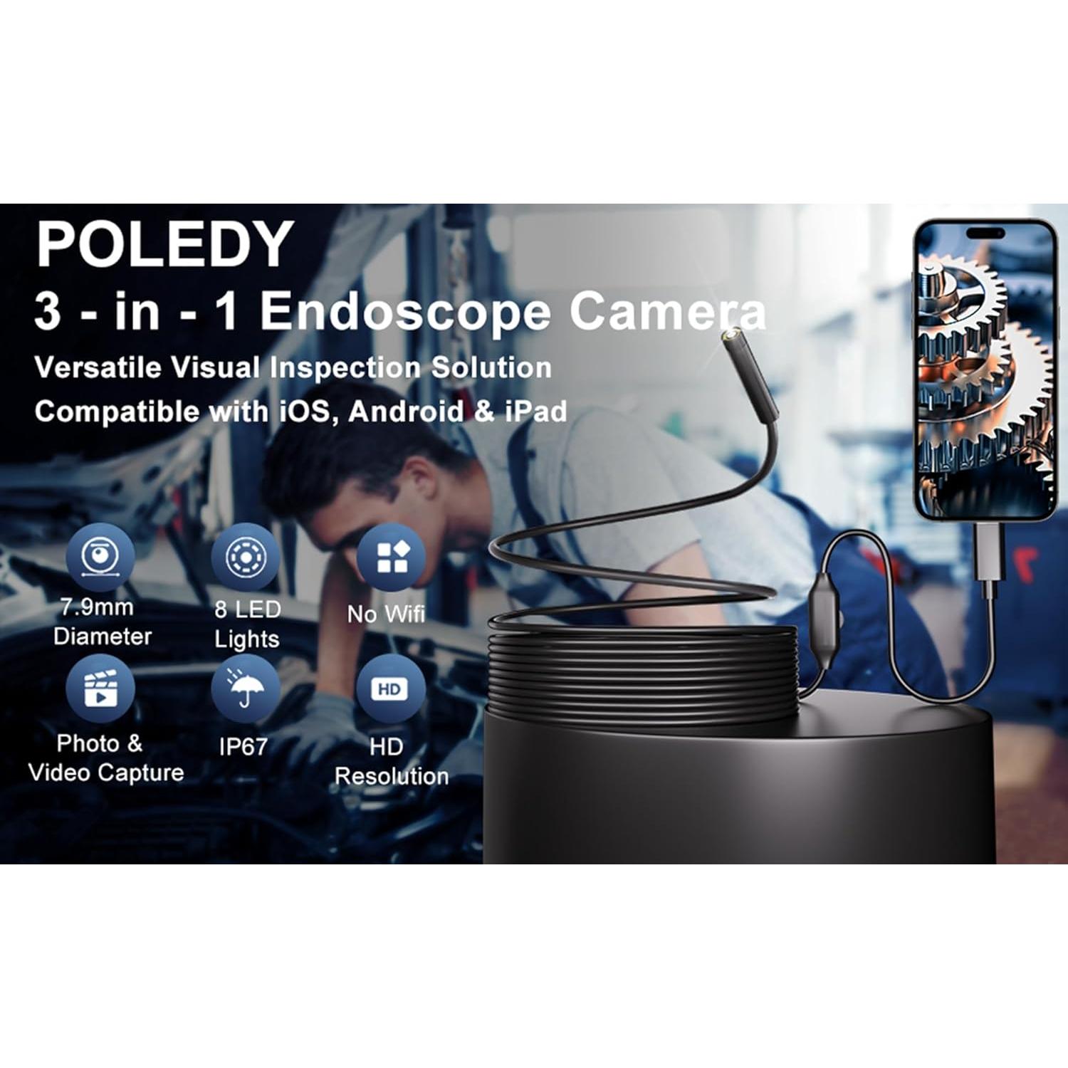 Cámara Endoscopio HD 1920P POLEDY 5m IP67 con Luz LED