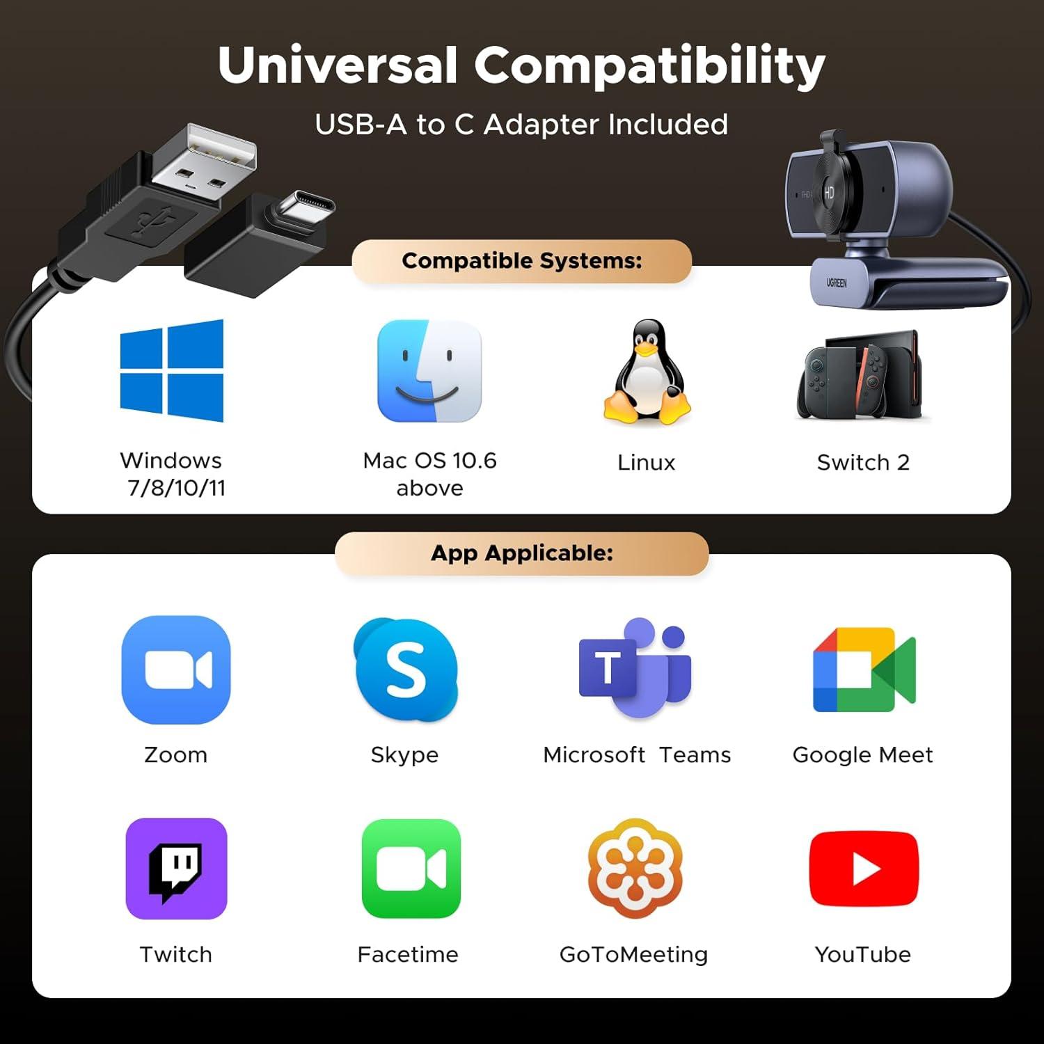 Cámara Web UGREEN 4K Ultra HD con Micrófono y Autofoco