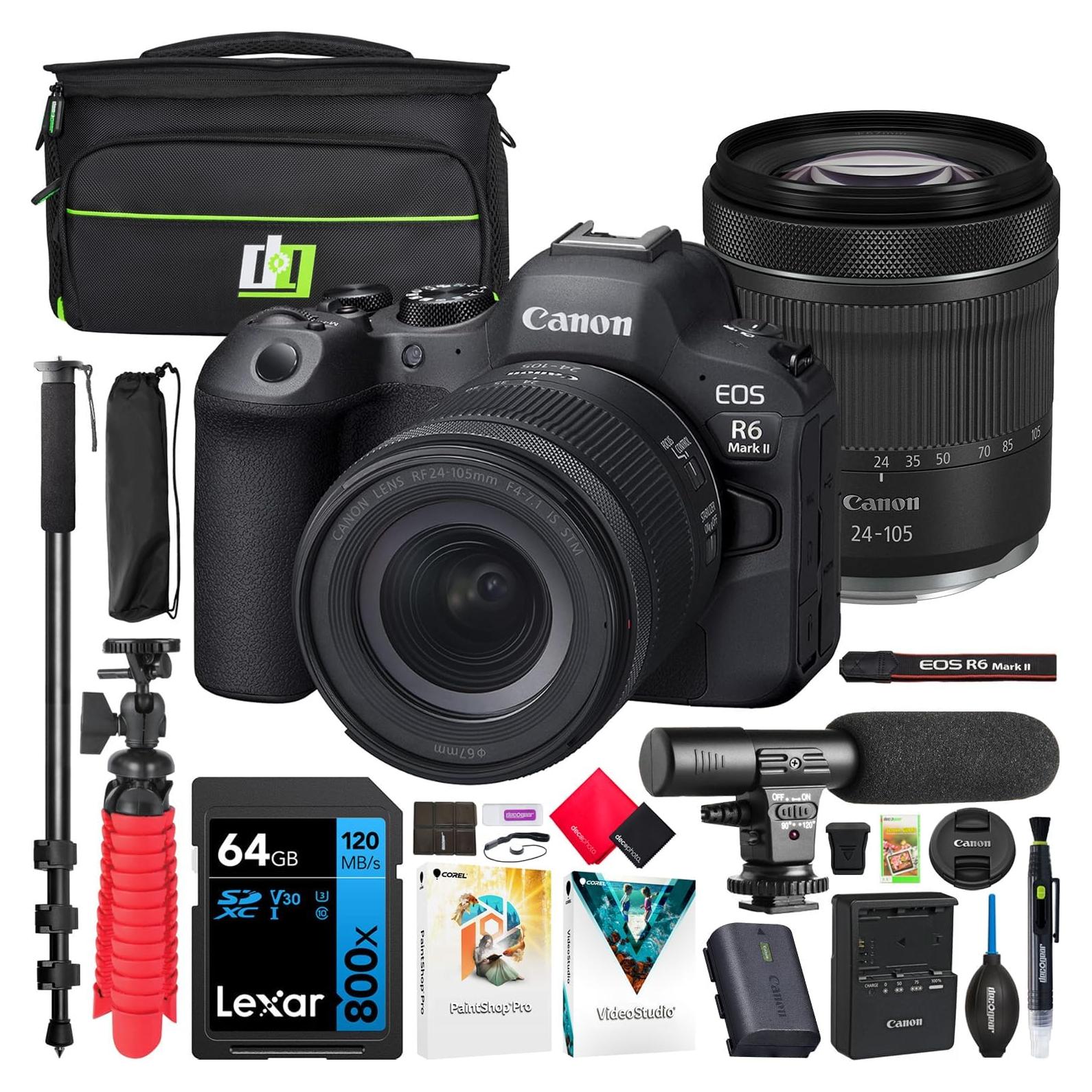 Canon EOS R6 Mark II Full Frame Mirrorless Camera Body with RF 24-105mm F4-7.1 is STM Lens 5666C018 Bundle with Deco Gear Photography Bag + Microphone + Monopod + Software & Accessories Kit