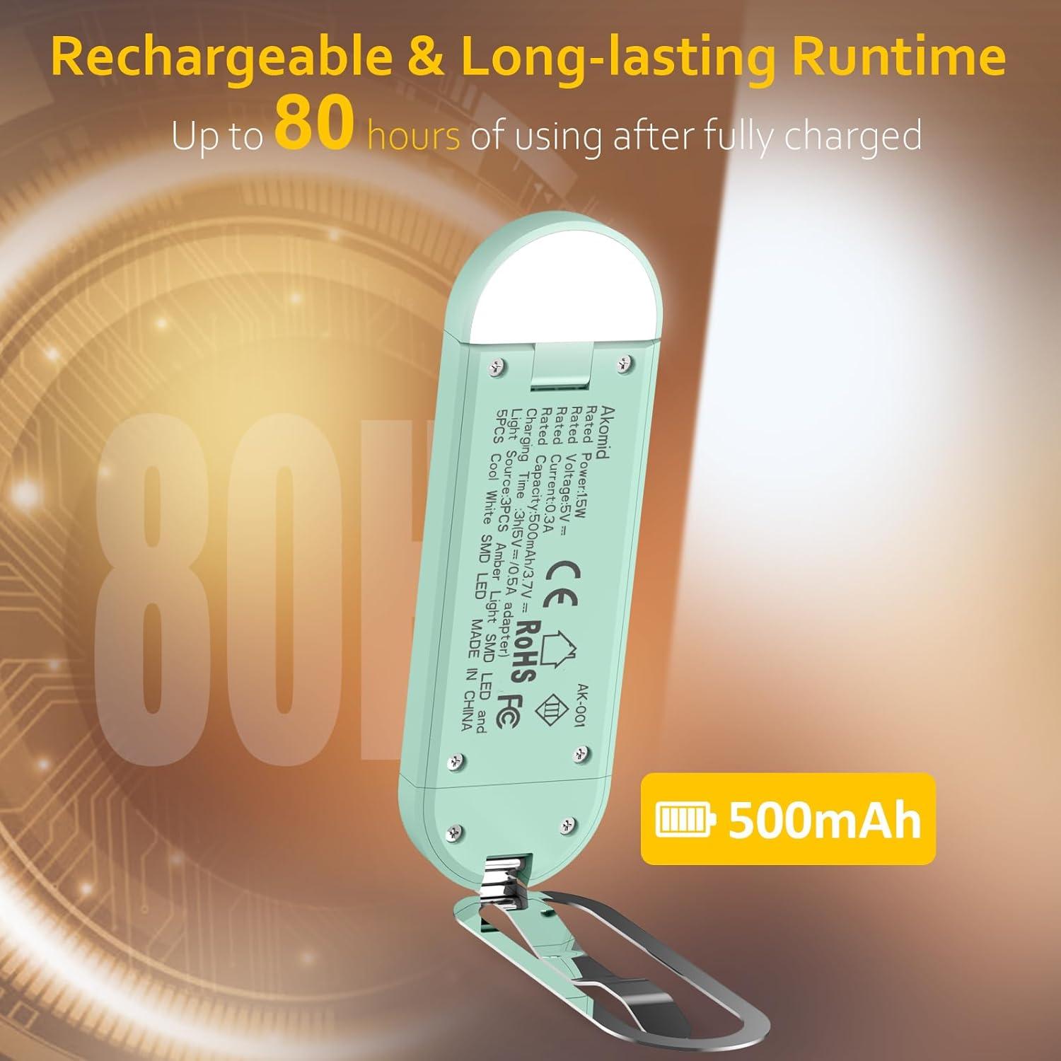 Luz de libro recargable Akomid con clip y 8 LEDs ámbar