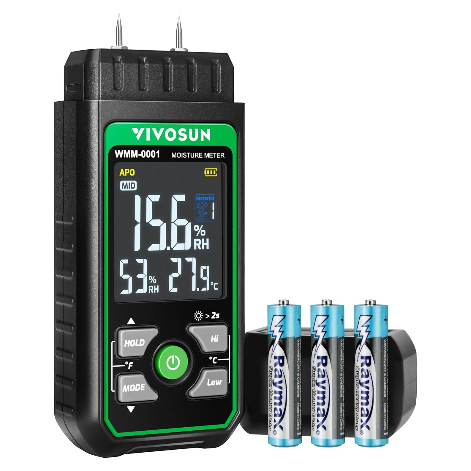Medidor de Humedad de Madera VIVOSUN 3 en 1 Digital con Pantalla Color