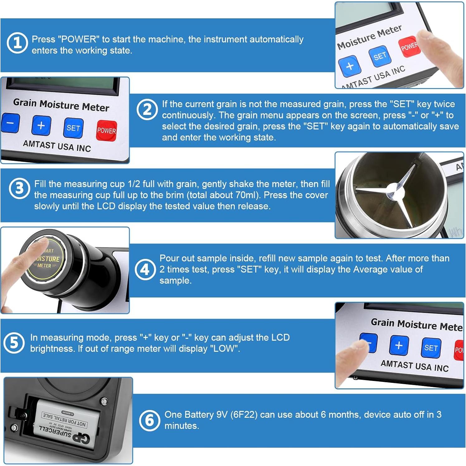 Medidor de Humedad de Granos AMTAST AMT155 Portátil 22 Granos