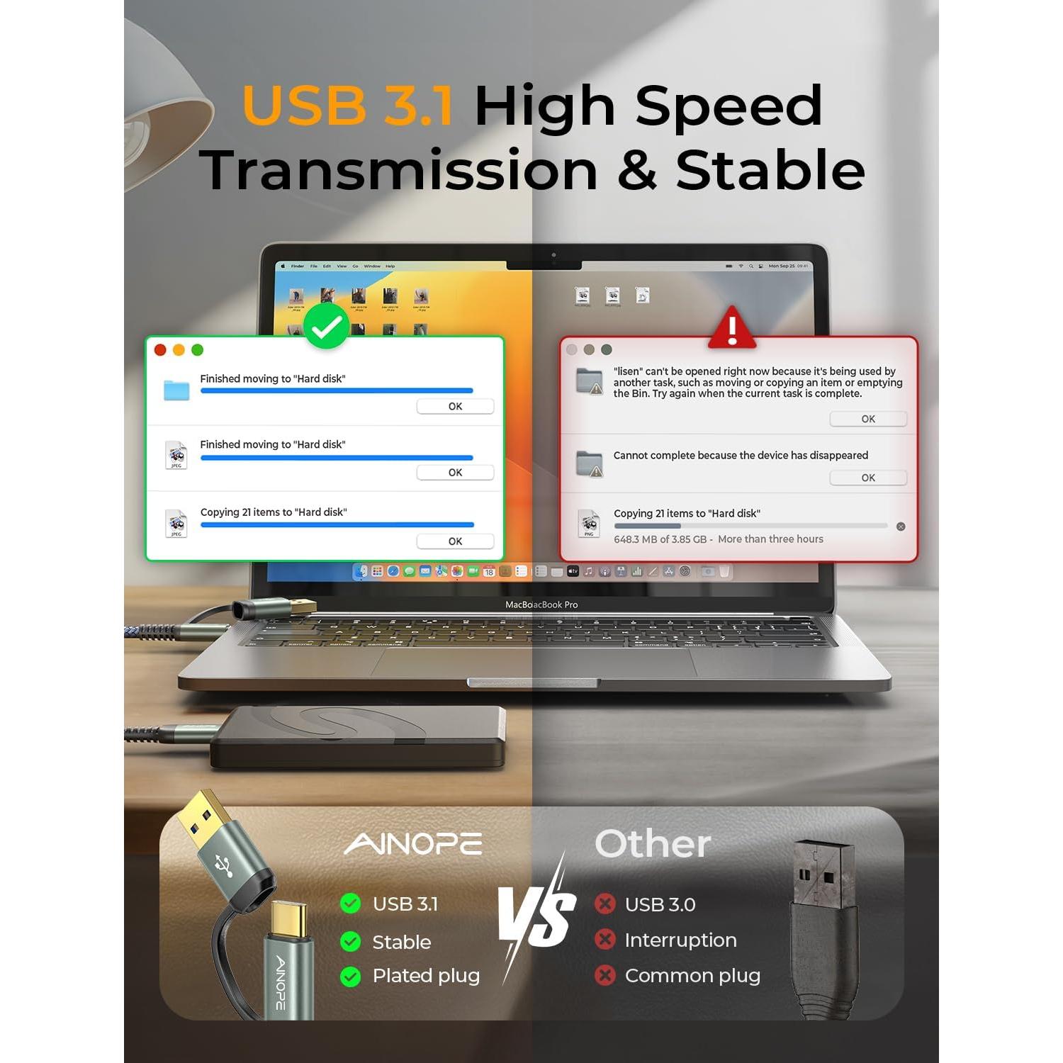 Cable AINOPE Micro B a USB C 1.5FT Trenzado Nylon 5Gbps