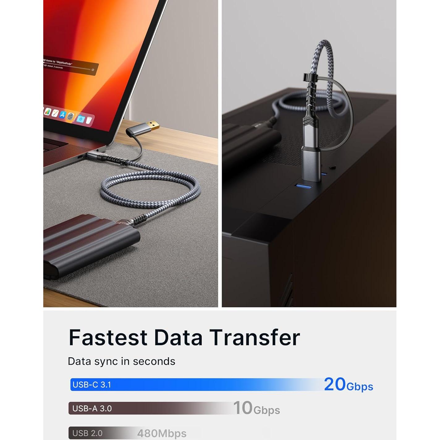 Cable de Disco Duro JSAUX 0.49m Micro B a USB C/A 20Gbps