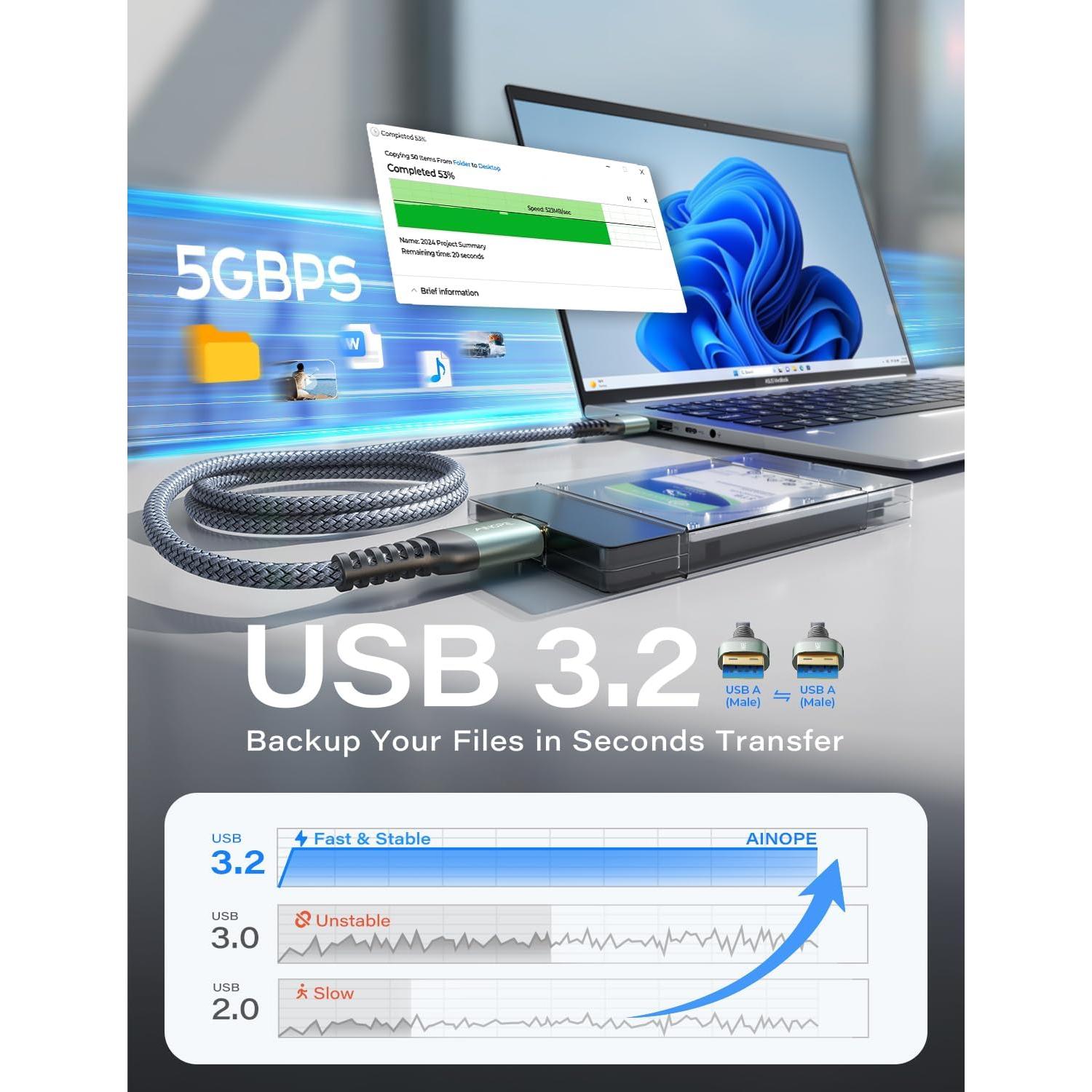 Cable USB A a A Macho AINOPE 2.0m Gris - Alta Velocidad 5Gbps