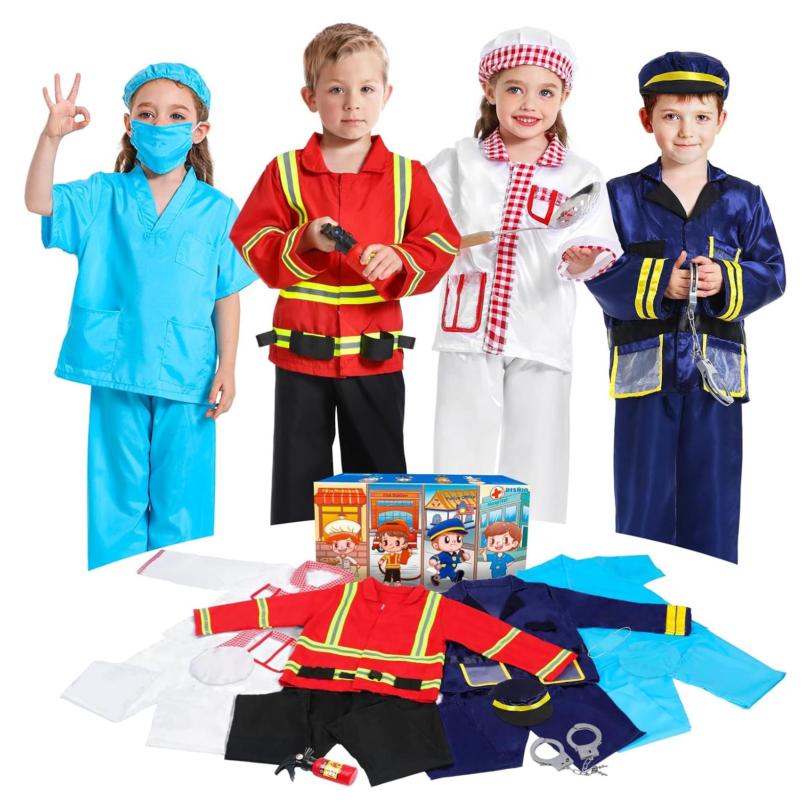 DISHIO Conjunto de Disfraces para Niños 14PCS Bombero, Policía, Doctor, Chef