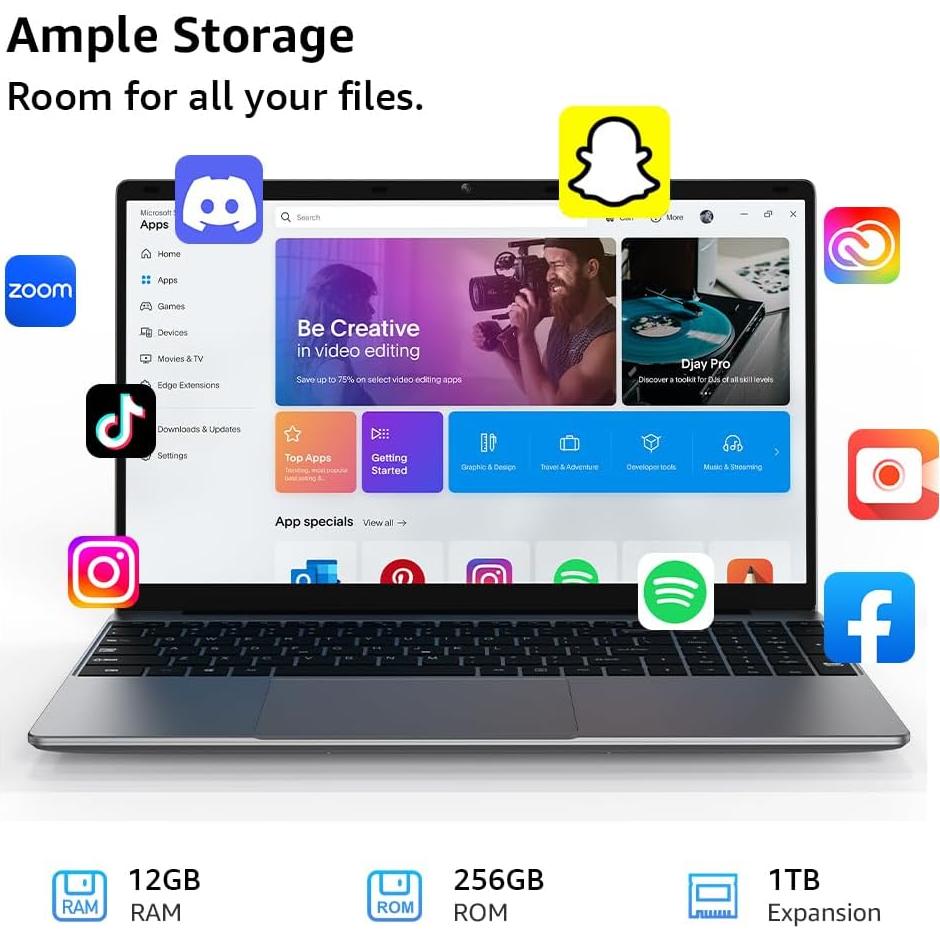 Computadora portátil CFVOCUY 15.6 FHD, 12GB RAM, 512GB SSD