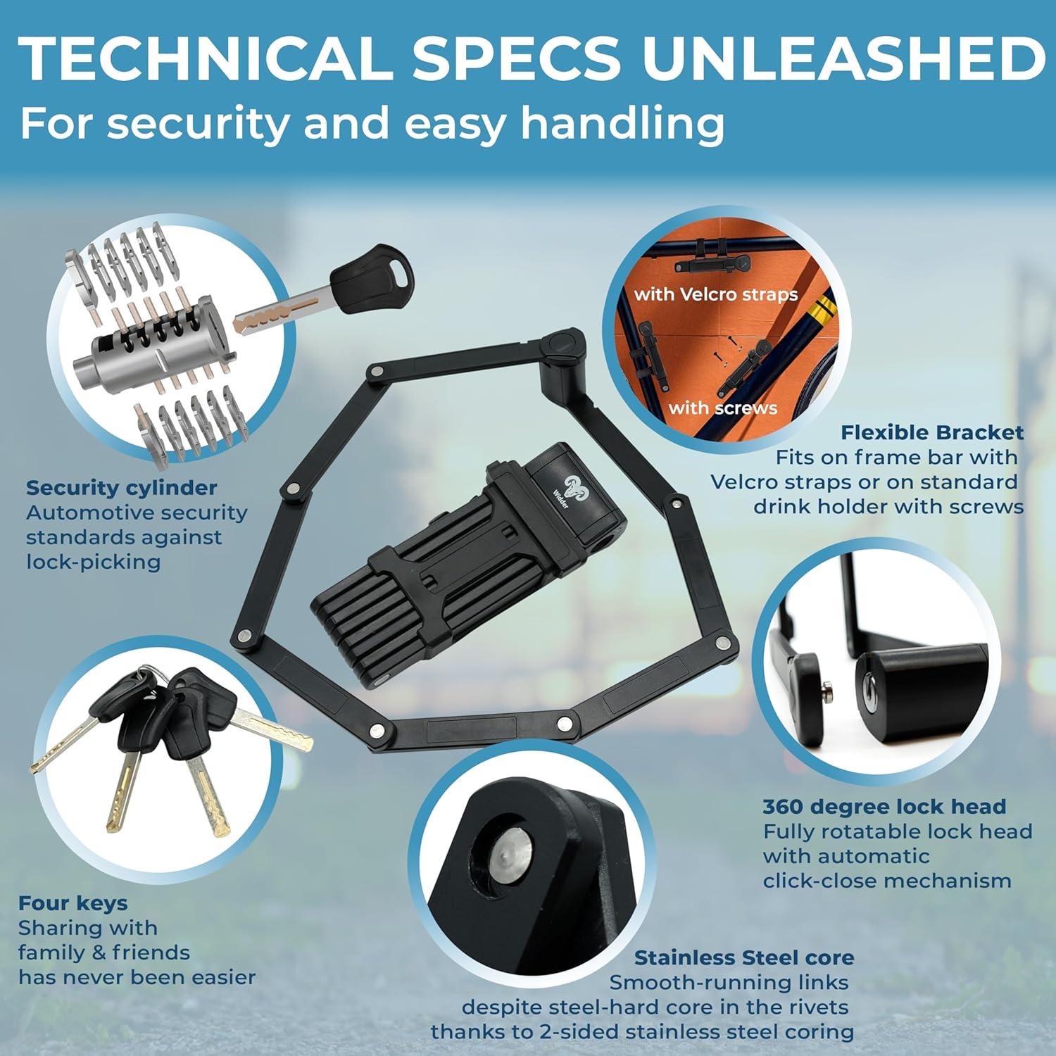 Candado Plegable Widder Jupiter 120 cm para Bicicleta con 4 Llaves