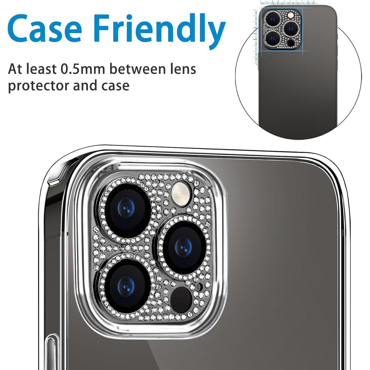 Designed for iPhone 14 Pro and 14 Pro Max Camera Lens Protector, Bling Rhinestone Sparkle Diamond 9H Tempered Glass Lens Cover Shockproof Full Protective Camera Cover, Black