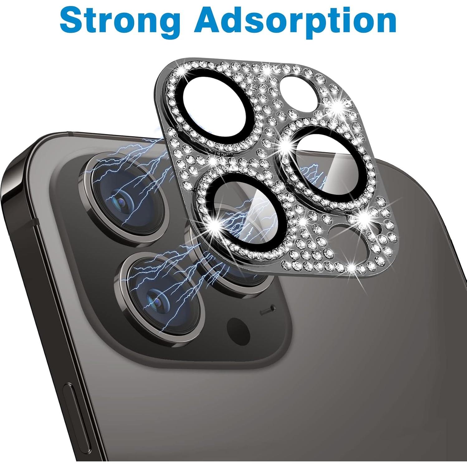 Designed for iPhone 14 Pro and 14 Pro Max Camera Lens Protector, Bling Rhinestone Sparkle Diamond 9H Tempered Glass Lens Cover Shockproof Full Protective Camera Cover, Black