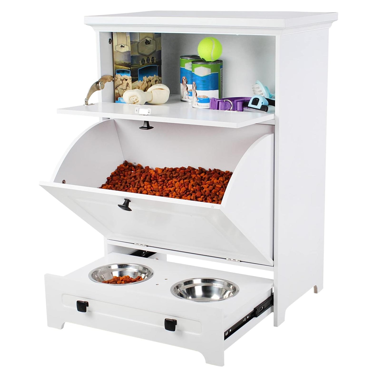 Soporte Elevado para Cuencos de Perro MiMu Blanco con Almacenamiento