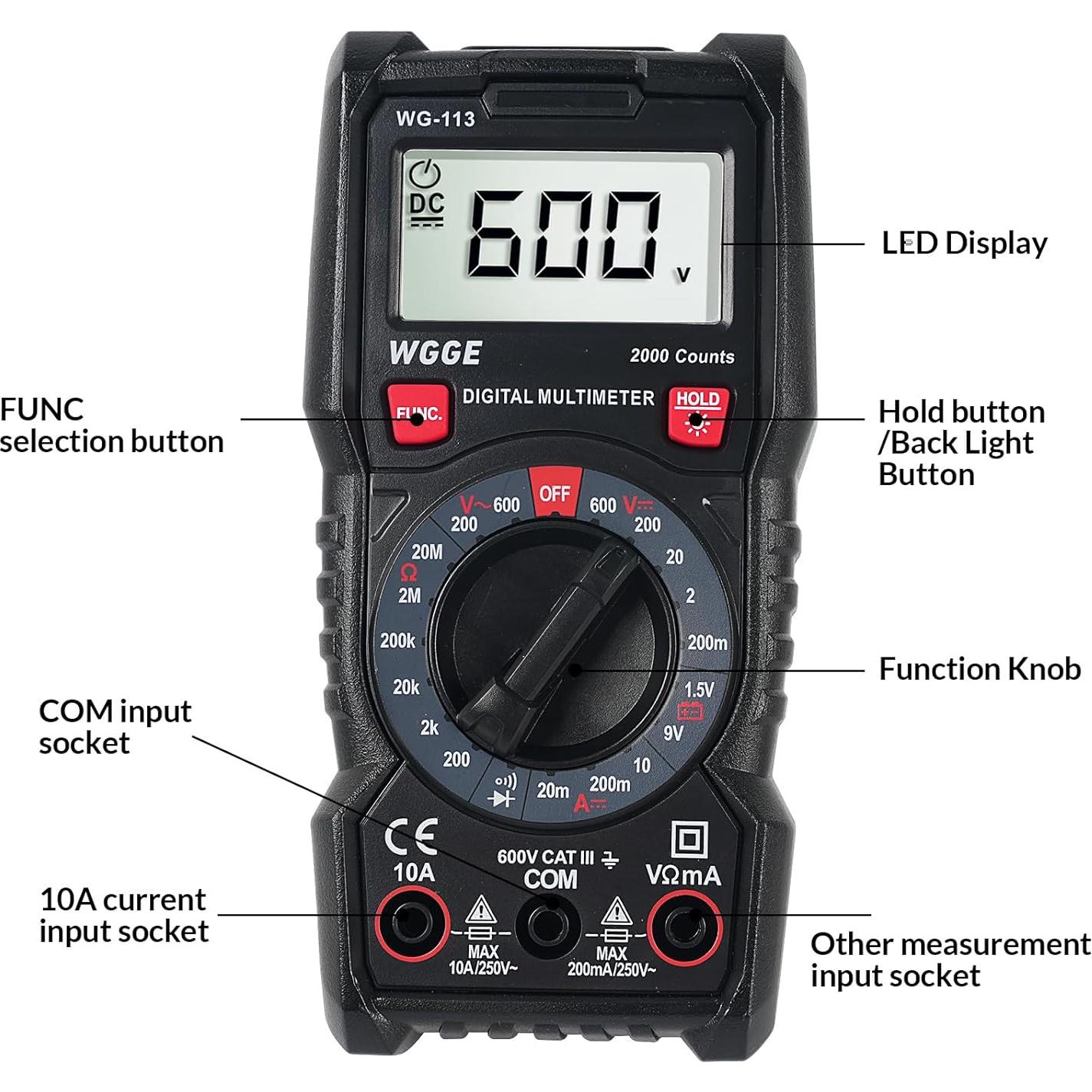 Multímetro Digital WGGE WG-113 con Estuche y Cables de Prueba